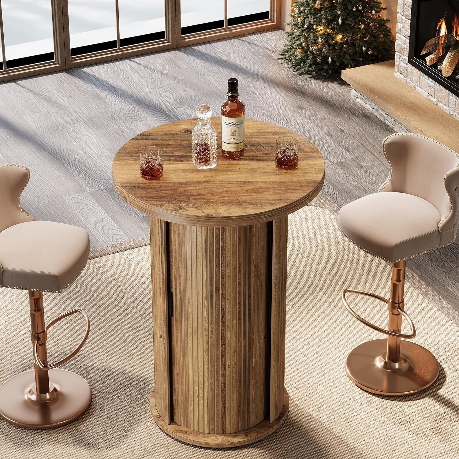 35.4" Round Bar Table, High Top Pub Table with 3-Tier Hidden Storage Shelves