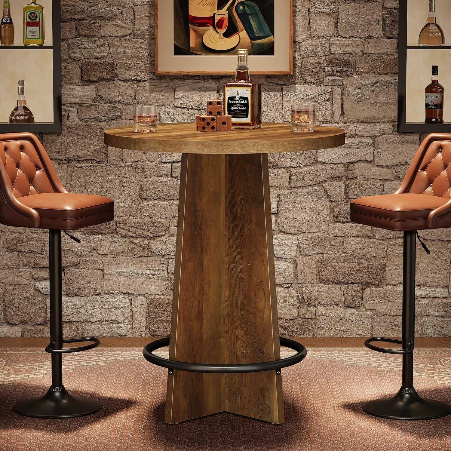 37.4'' Round Bar Table, Wooden Bistro Pub Table with Footrest