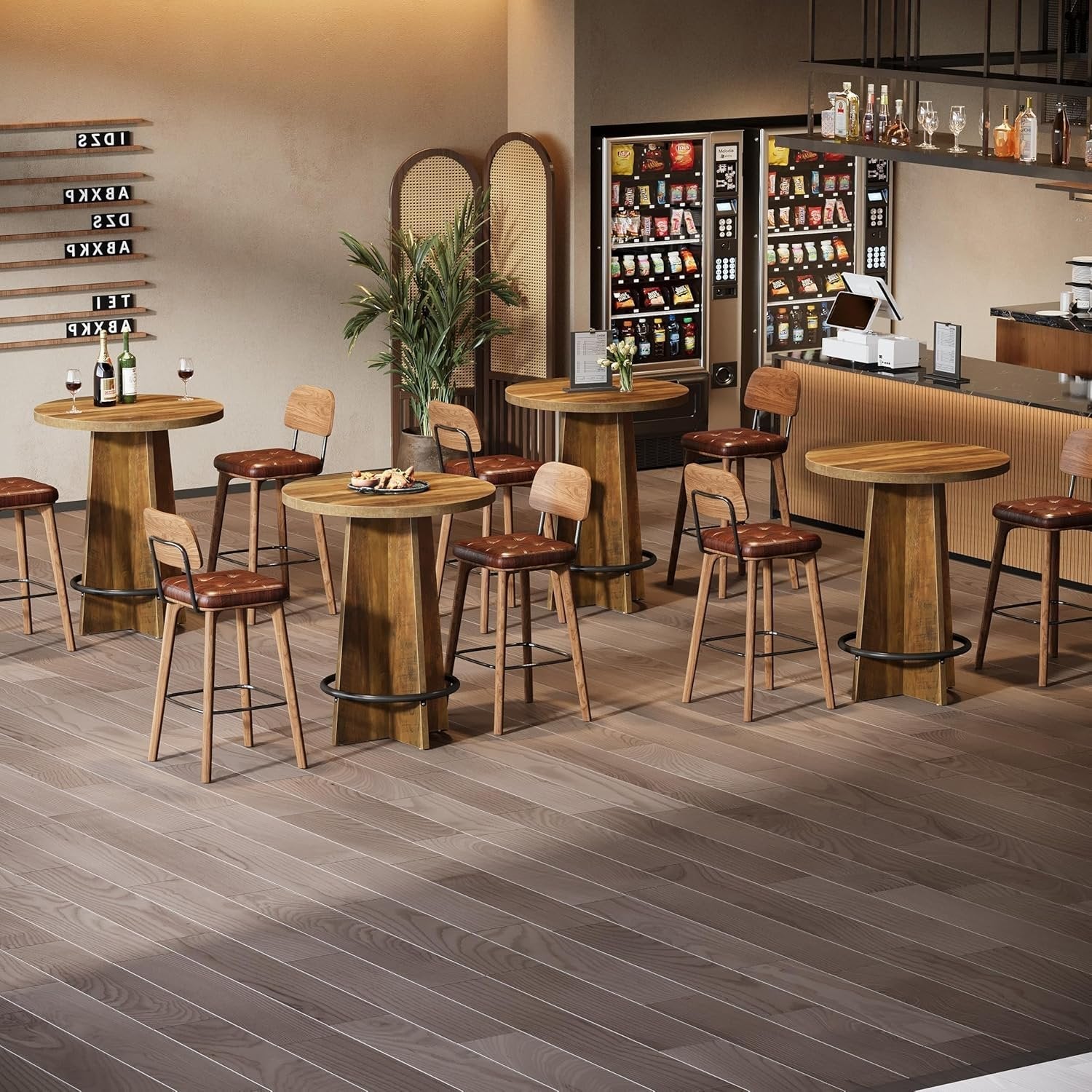 37.4'' Round Bar Table, Wooden Bistro Pub Table with Footrest