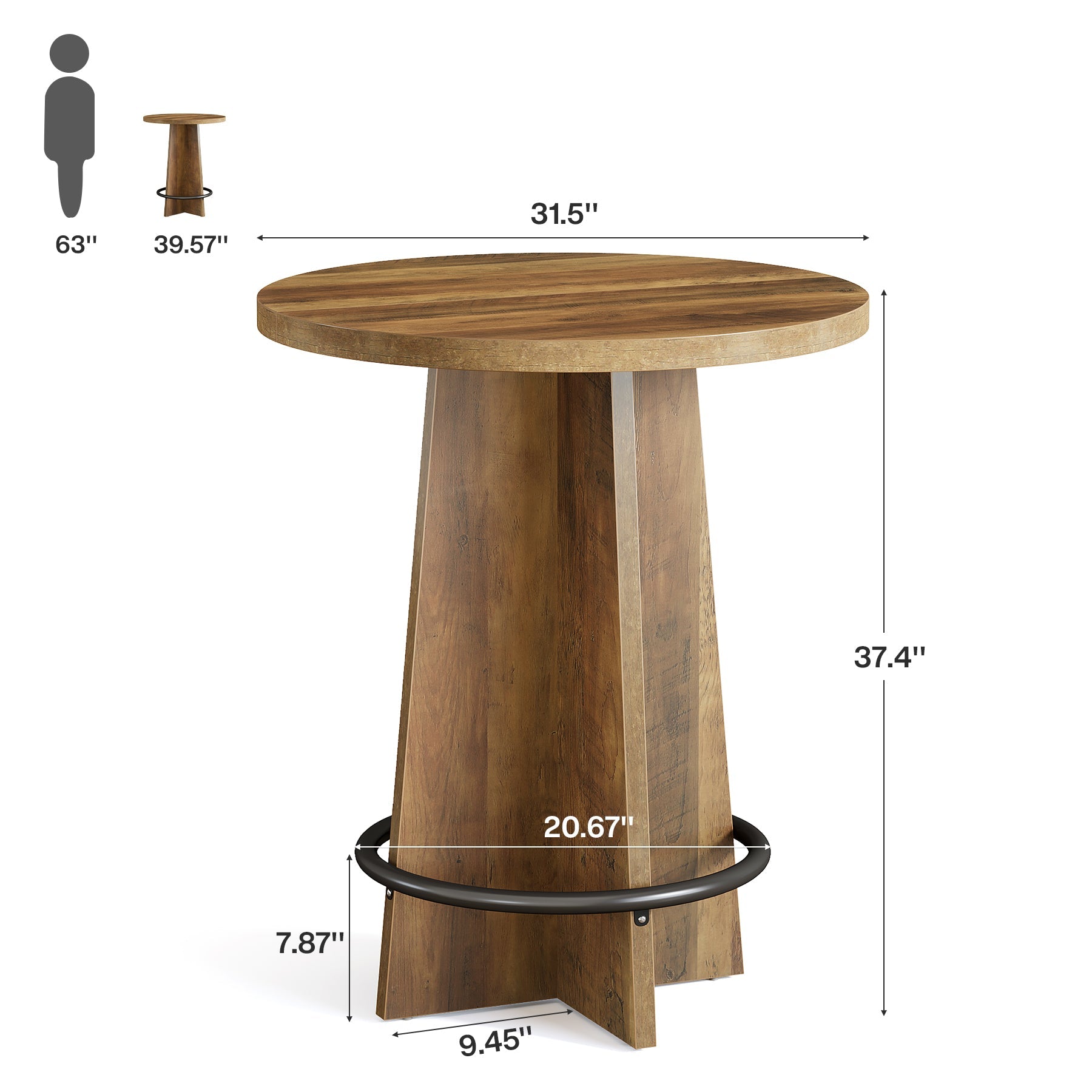 37.4'' Round Bar Table, Wooden Bistro Pub Table with Footrest