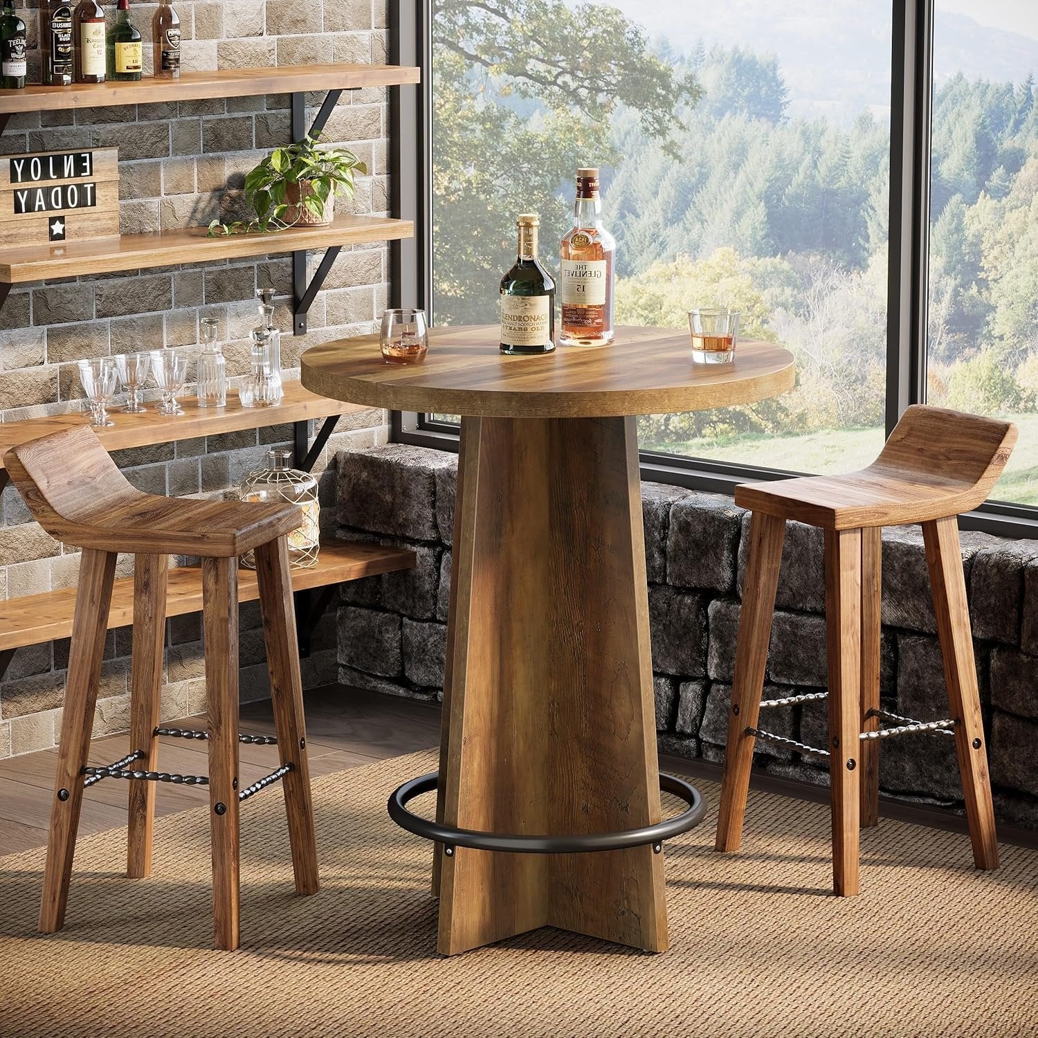 37.4'' Round Bar Table, Wooden Bistro Pub Table with Footrest