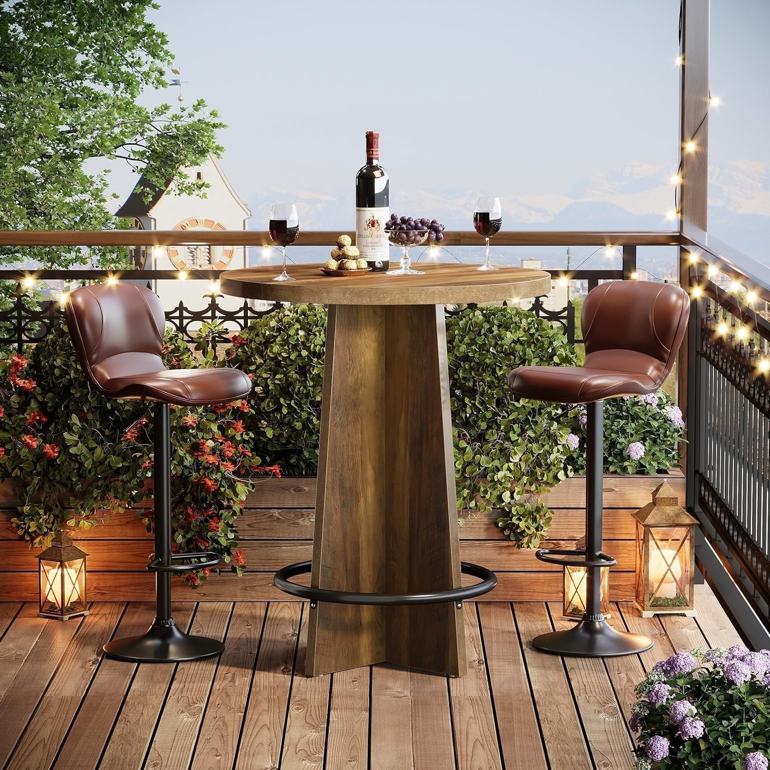 37.4'' Round Bar Table, Wooden Bistro Pub Table with Footrest