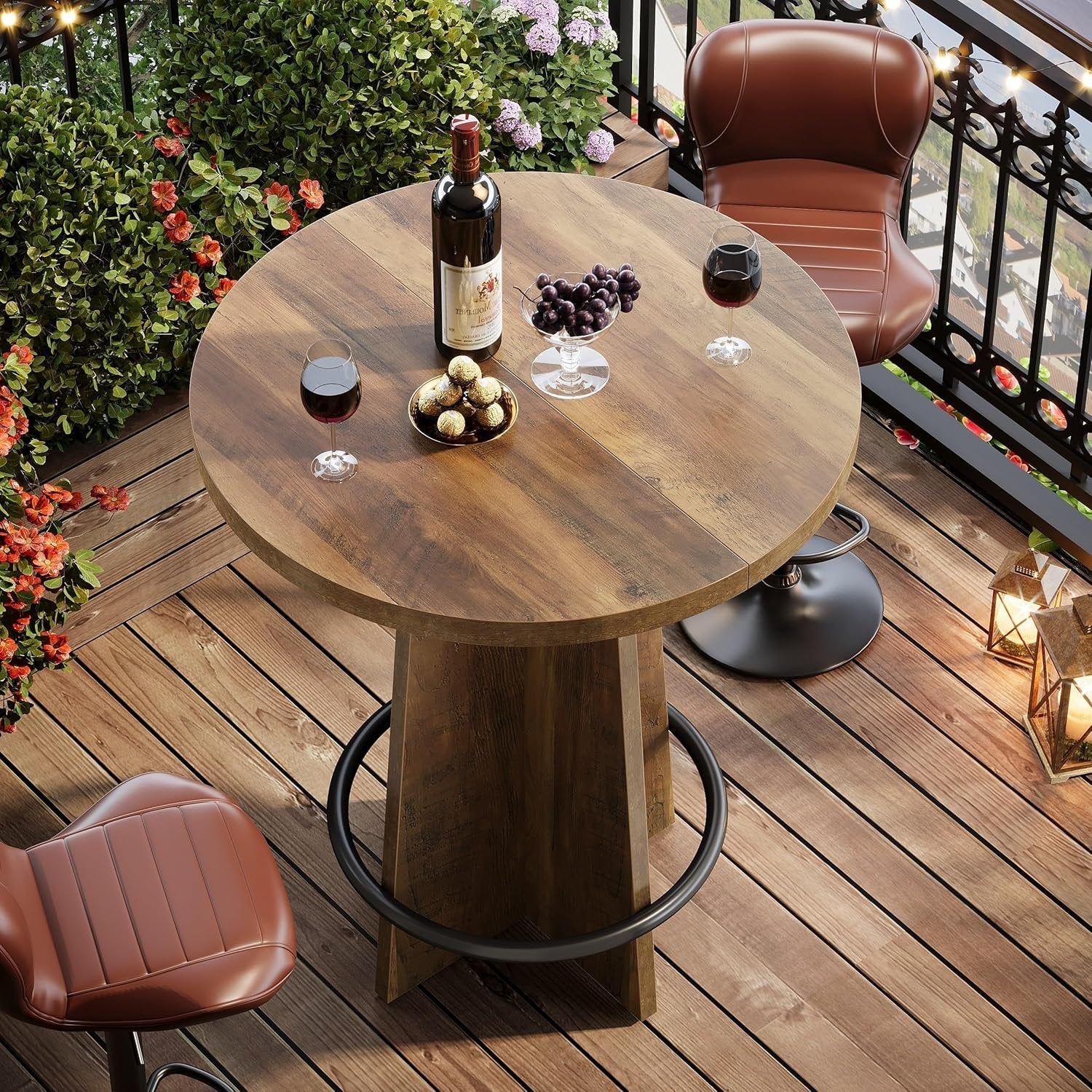 37.4'' Round Bar Table, Wooden Bistro Pub Table with Footrest