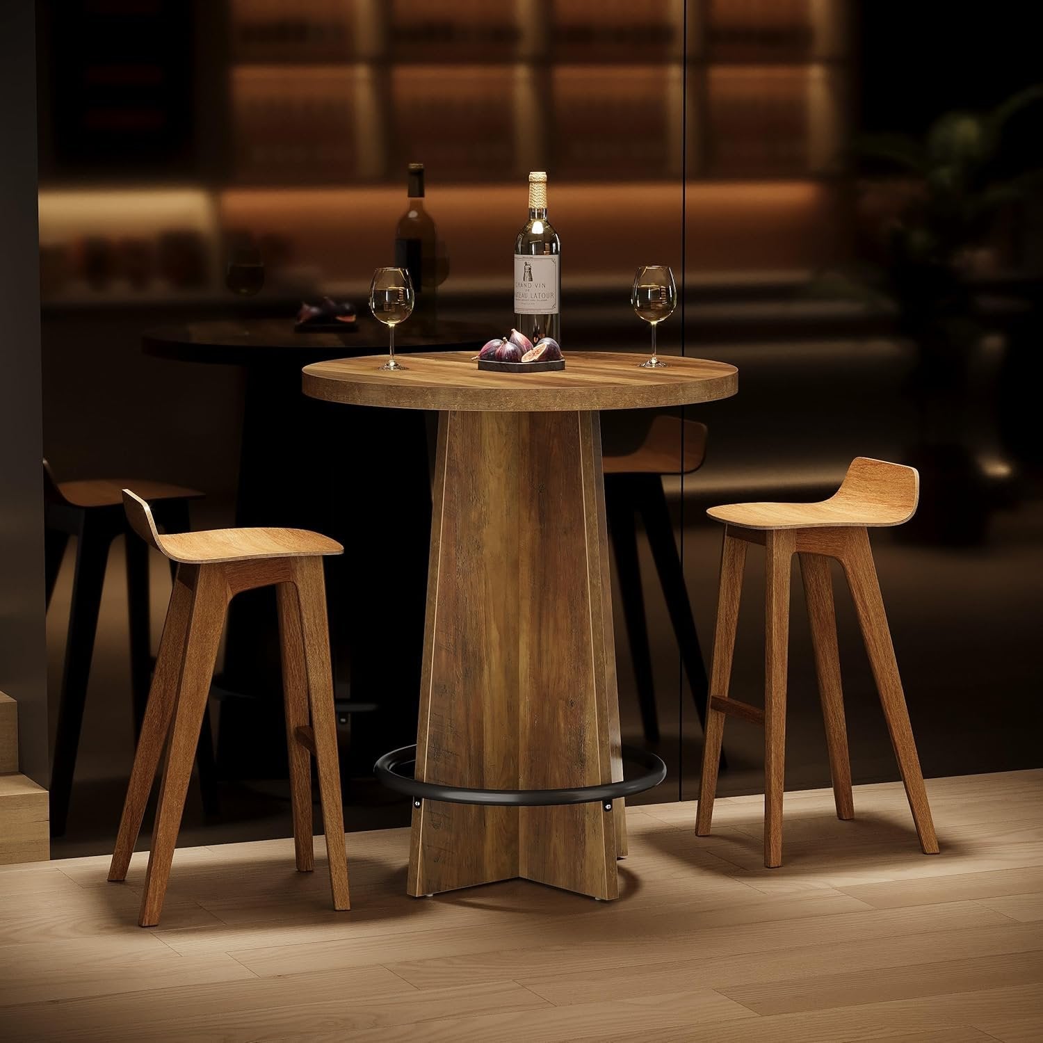 37.4'' Round Bar Table, Wooden Bistro Pub Table with Footrest