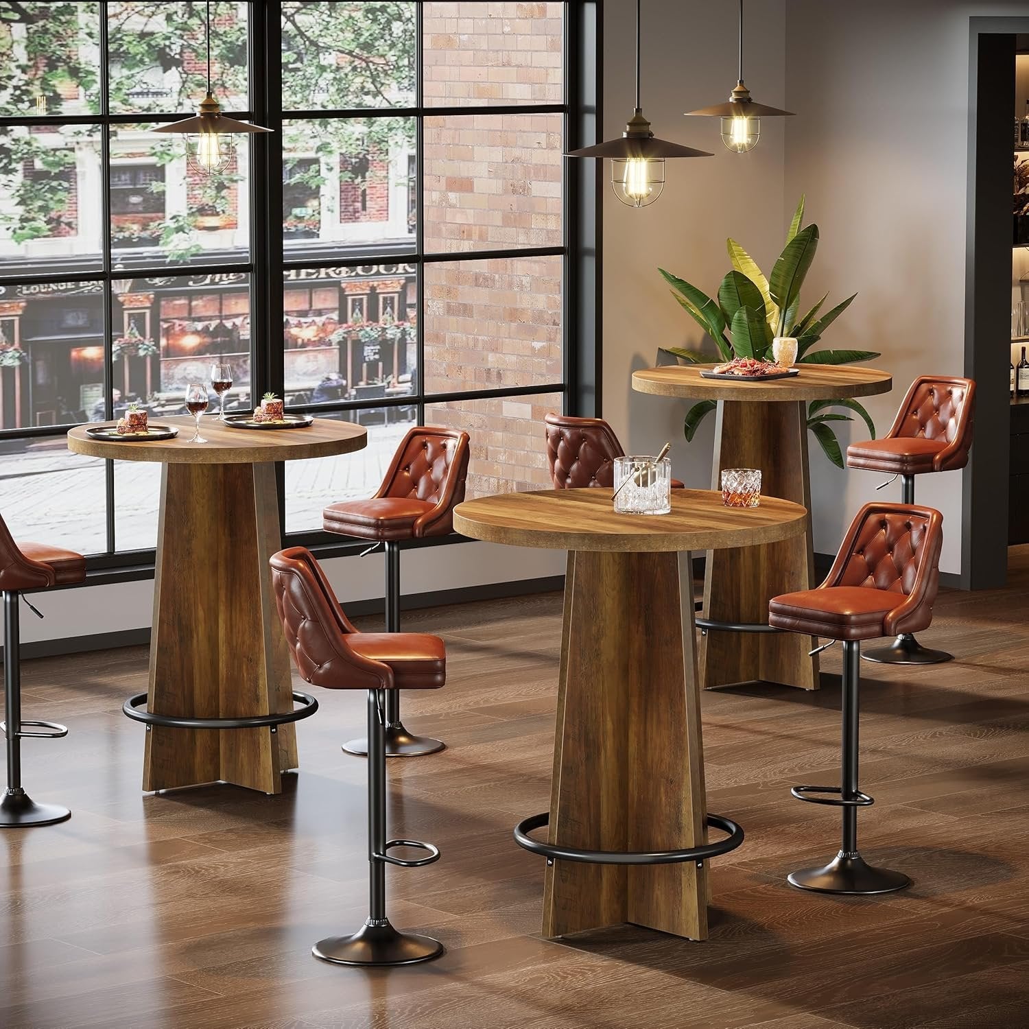37.4'' Round Bar Table, Wooden Bistro Pub Table with Footrest