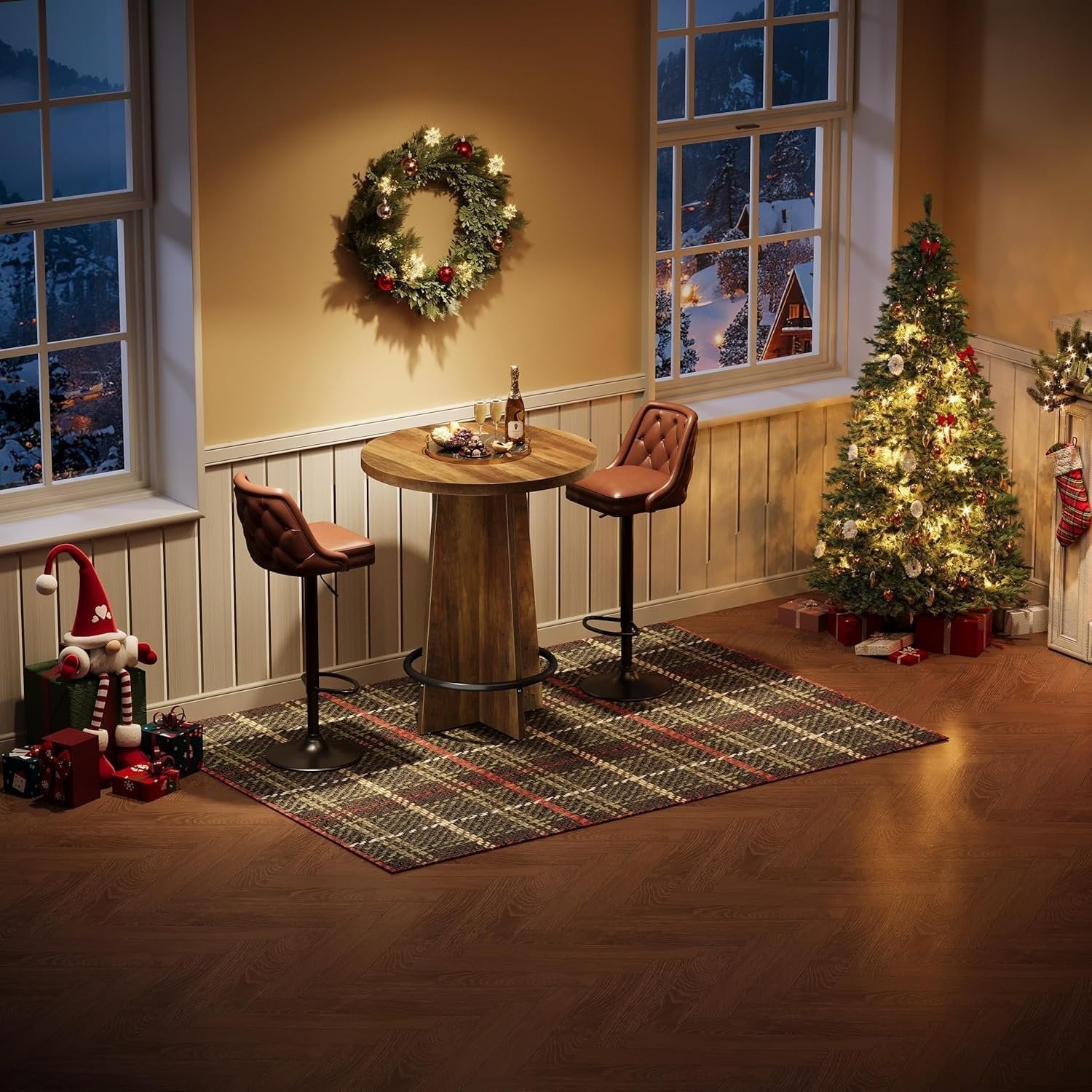 37.4'' Round Bar Table, Wooden Bistro Pub Table with Footrest