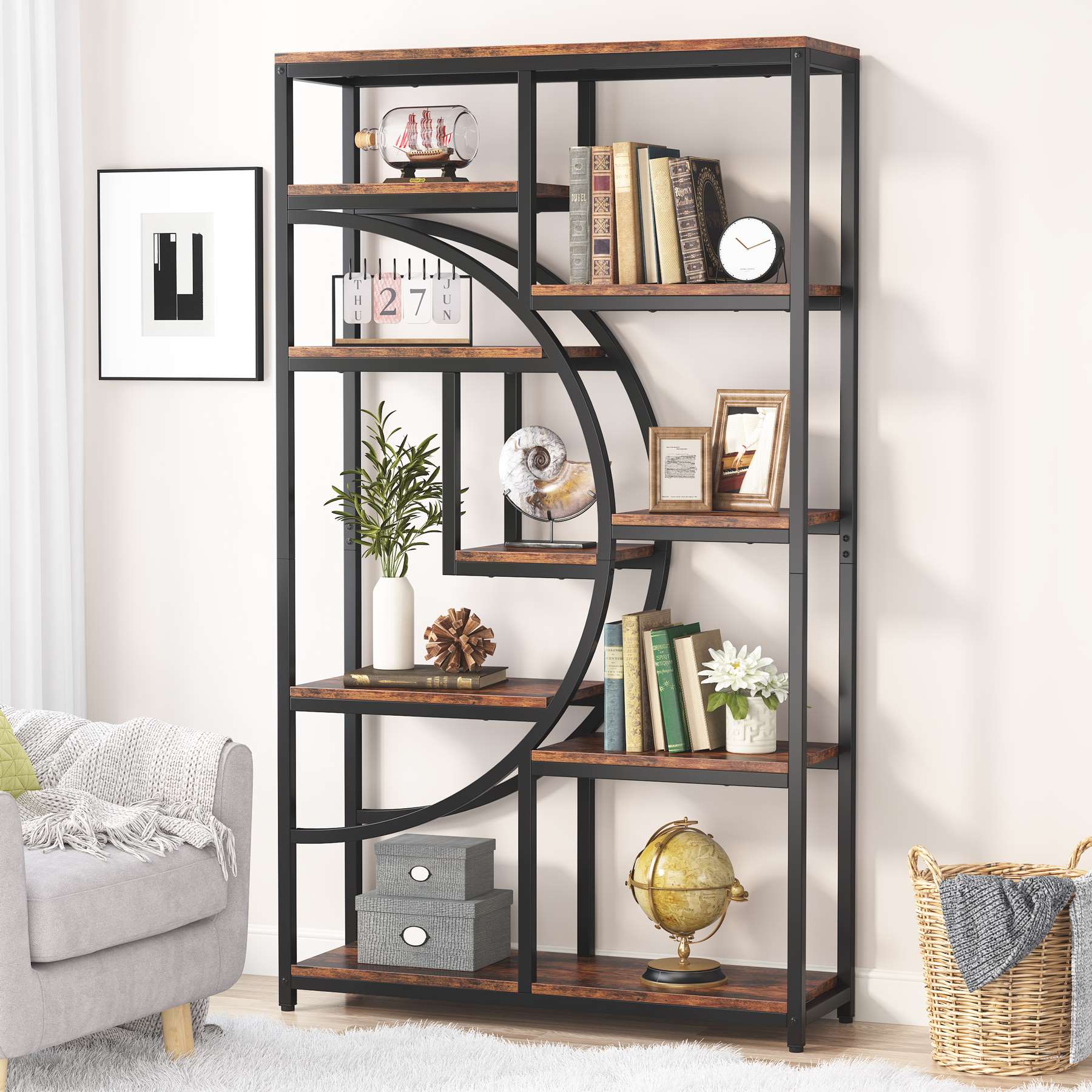 37.4" 5-Tier Industrial Bookshelf for Living Room, Bedroom, Home Office