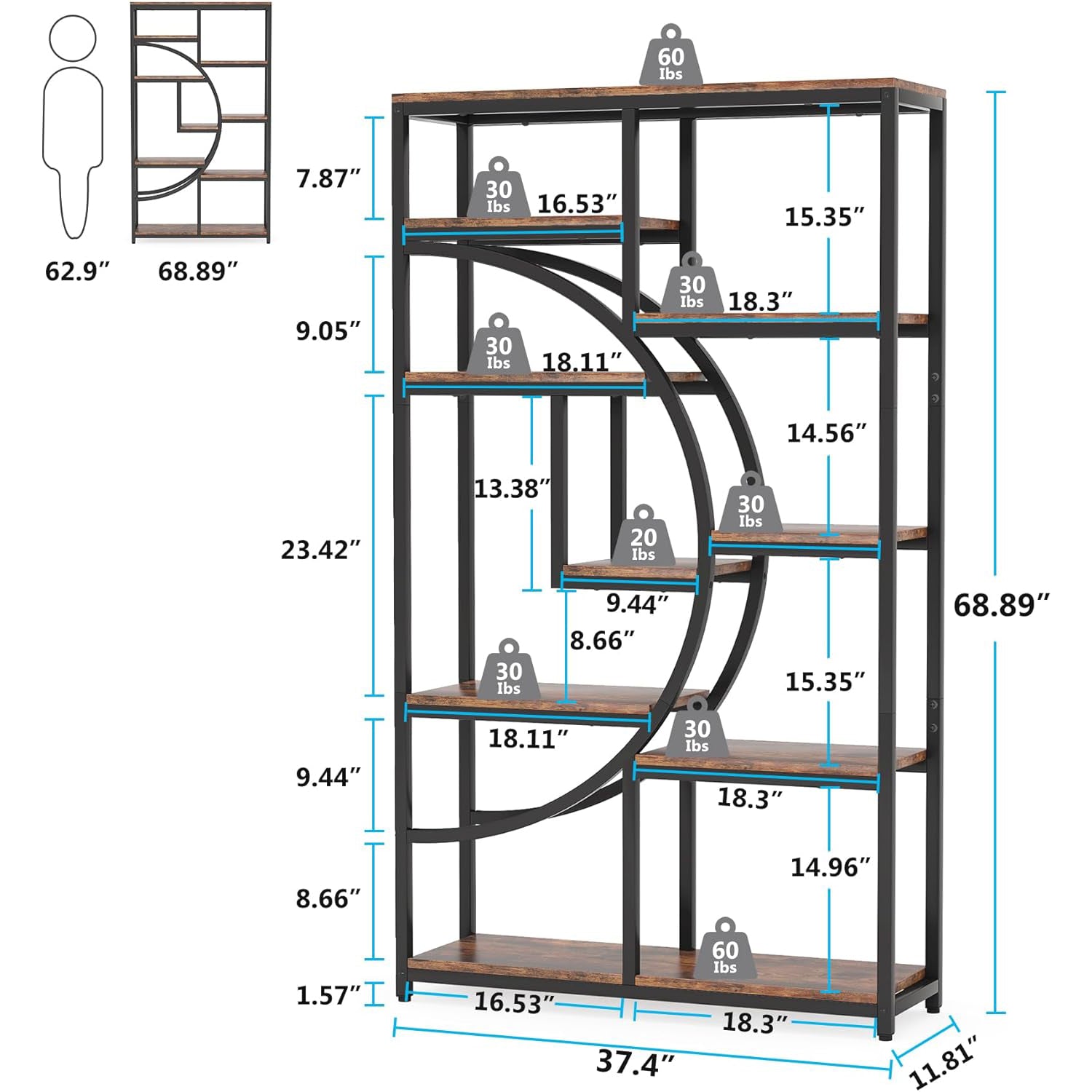 37.4" 5-Tier Industrial Bookshelf for Living Room, Bedroom, Home Office