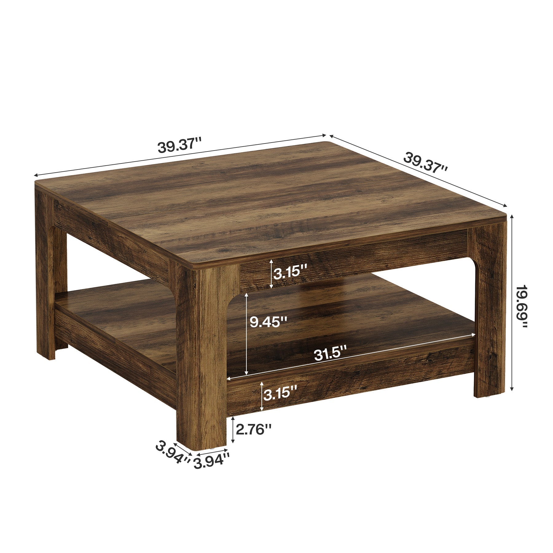 39.4" Square Coffee Table, Wooden Center Tea Accent Table with 2-Tier Storage