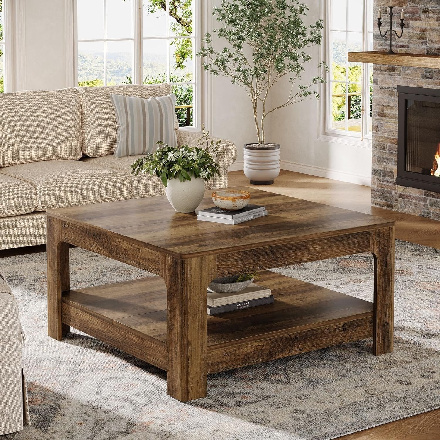 39.4" Square Coffee Table, Wooden Center Tea Accent Table with 2-Tier Storage