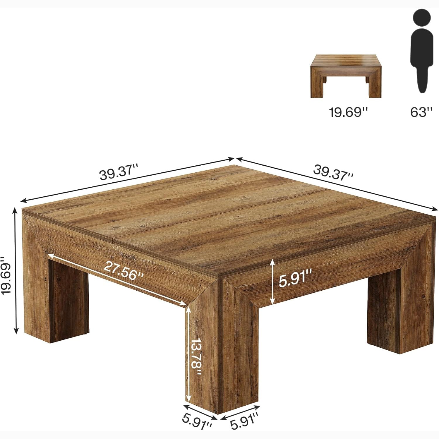 39" Square Farmhouse Coffee Table, Tea Table with Sturdy Wood Legs