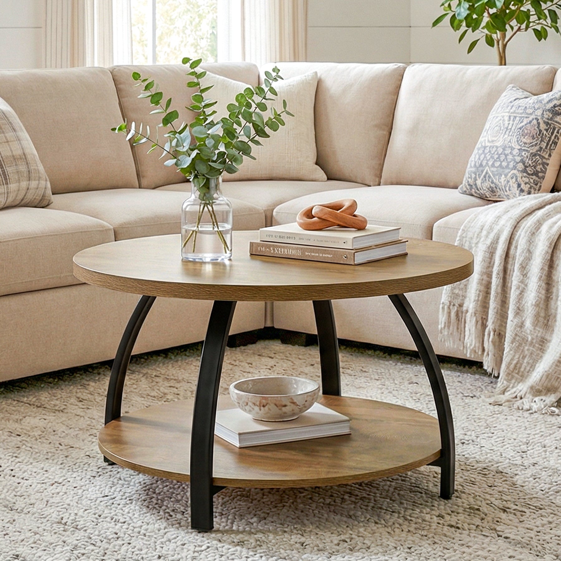 80cm Round Coffee Table, Center Cocktail Table with 2-Tier Storage Shelves