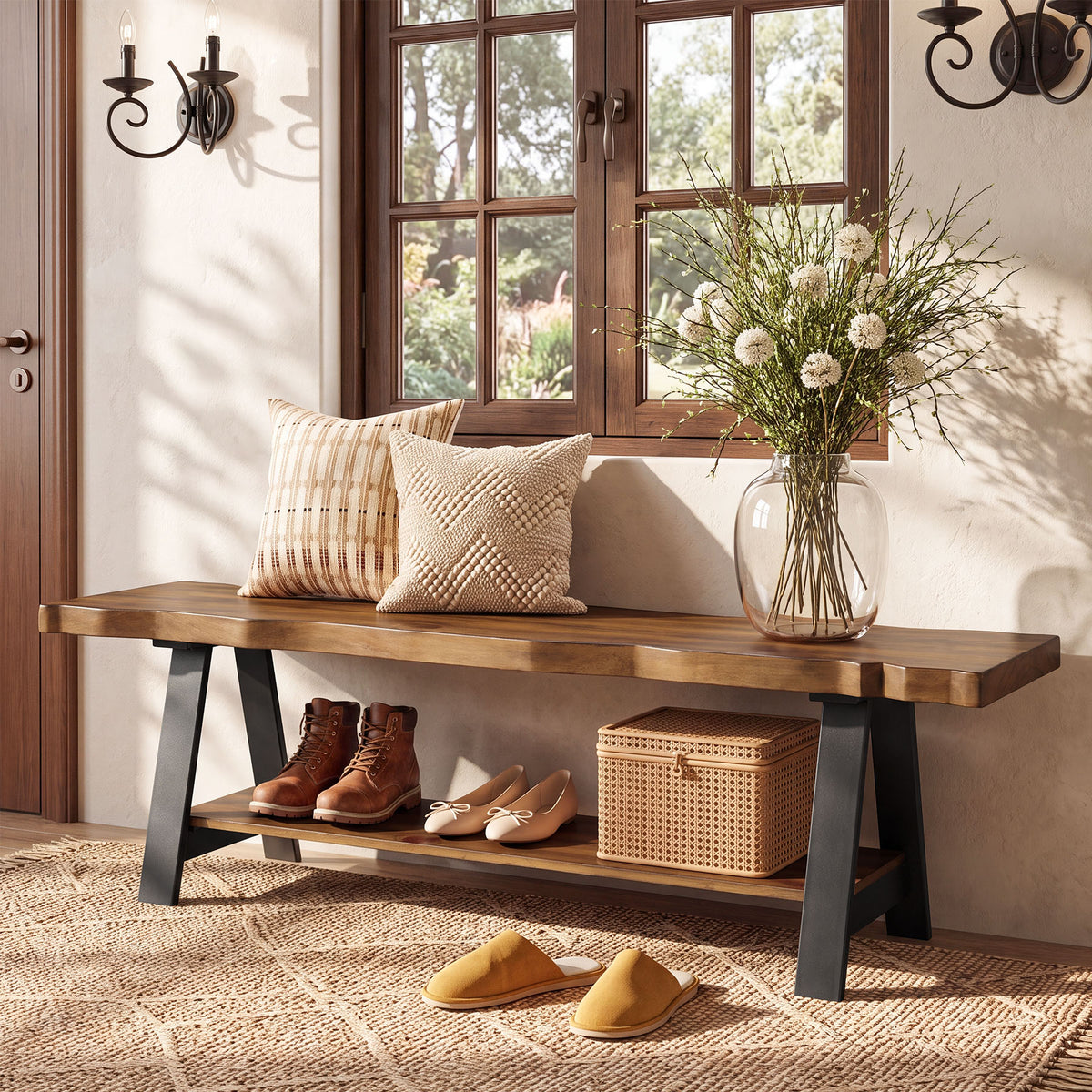 160cm Entryway Bench, Solid Wood Live Edge 2-Tier Shoe Storage Bench for Hallway Mudroom