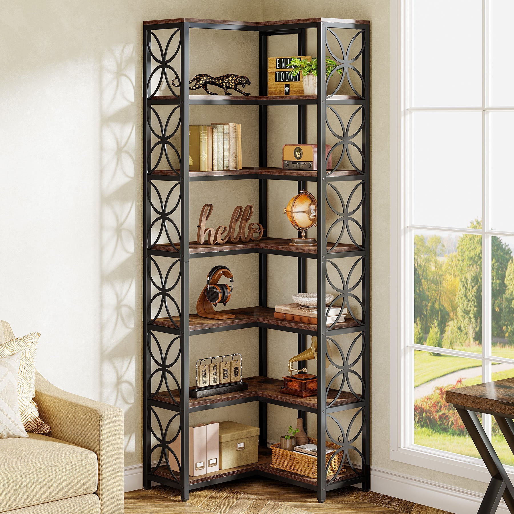 79" 7-Tier L-Shaped Corner Bookshelf, Tall Wood Bookcase with Metal Frame for Living Room or Office