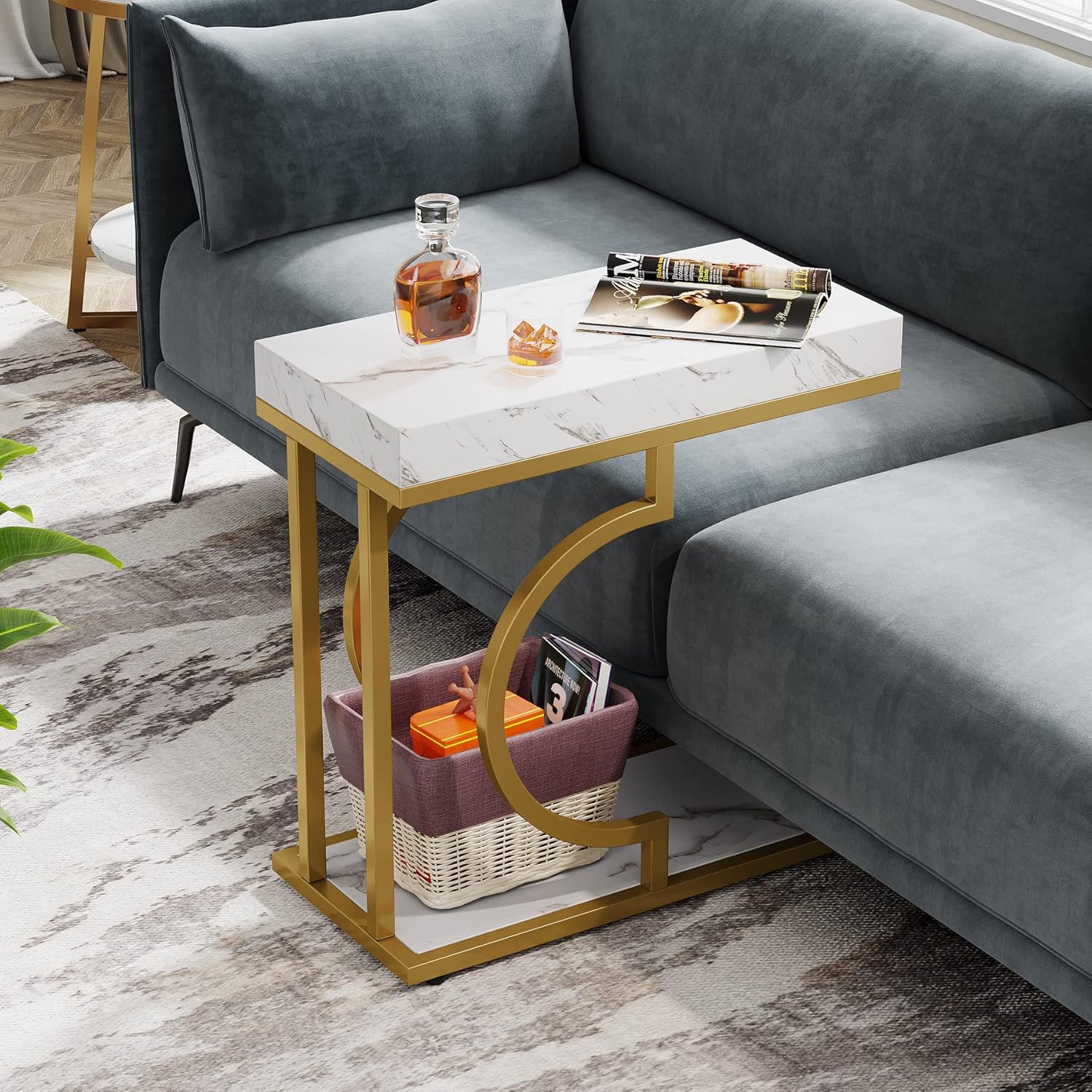 24" Modern C-Shaped Side Table, White & Gold Narrow End Table with Metal Frame