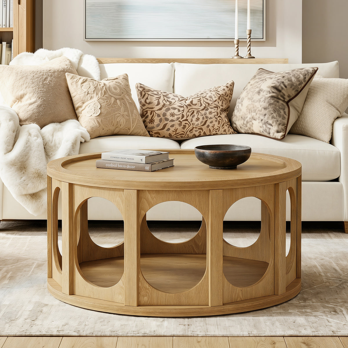 80 cm Round Coffee Table with Tray Top,Mid-Century Modern Accent Table for Living Room – Rustic Brown.