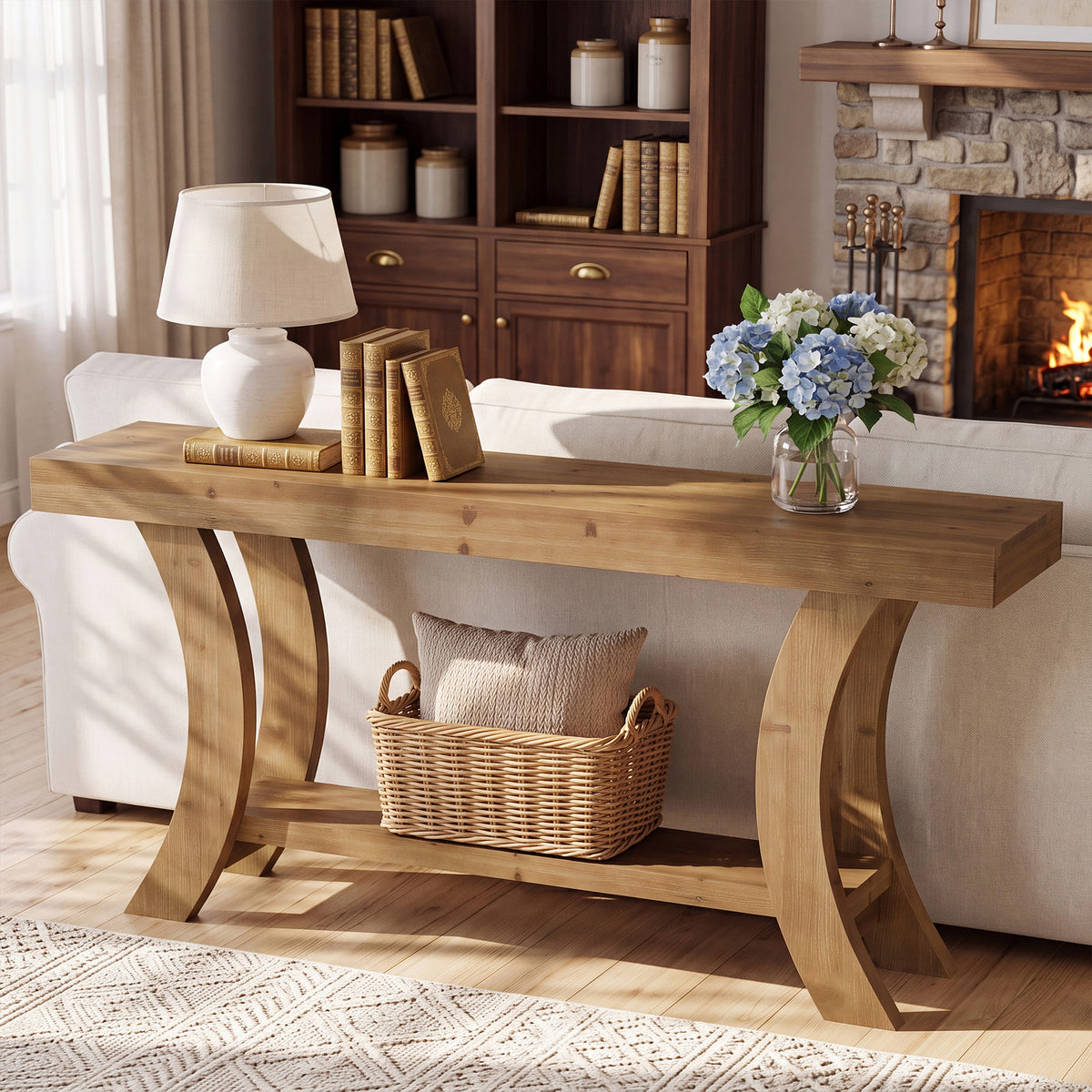 160cm Console Table, Solid Wood Hallway Table with Storage & Arched Frame