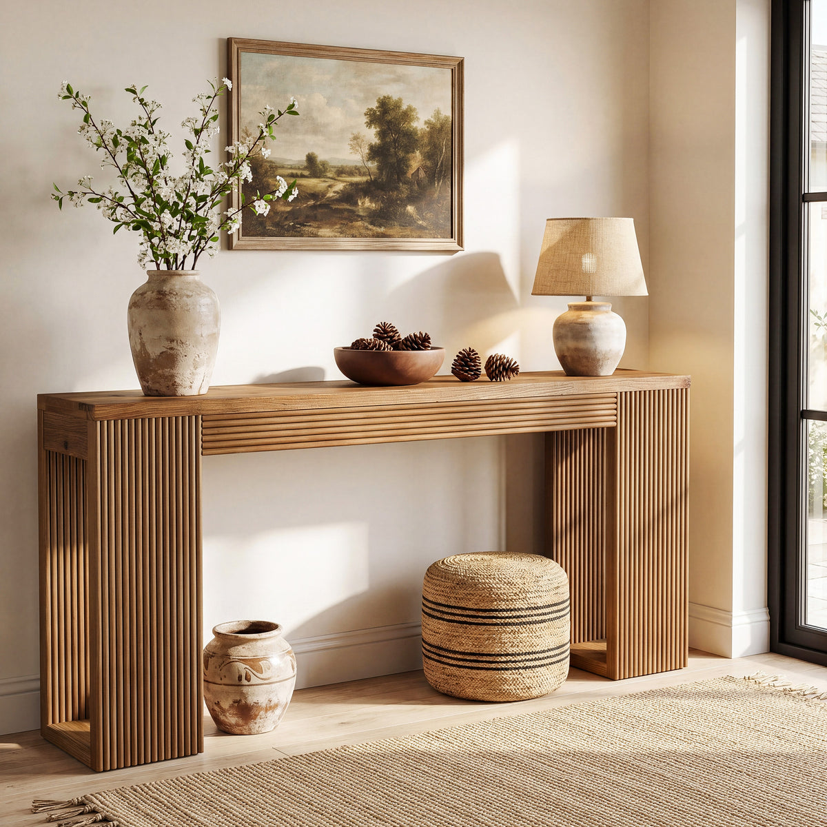 160cm Console Table, Solid Wood Narrow Hallway Table with Ribbed Legs