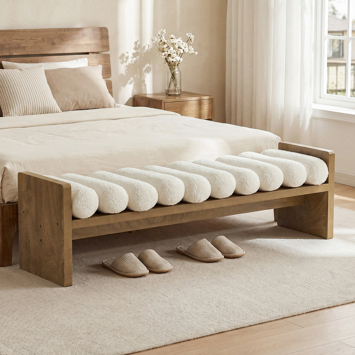 150cm Entryway Bench, Upholstered Boucle Cushion End of Bed Bench for Hallway