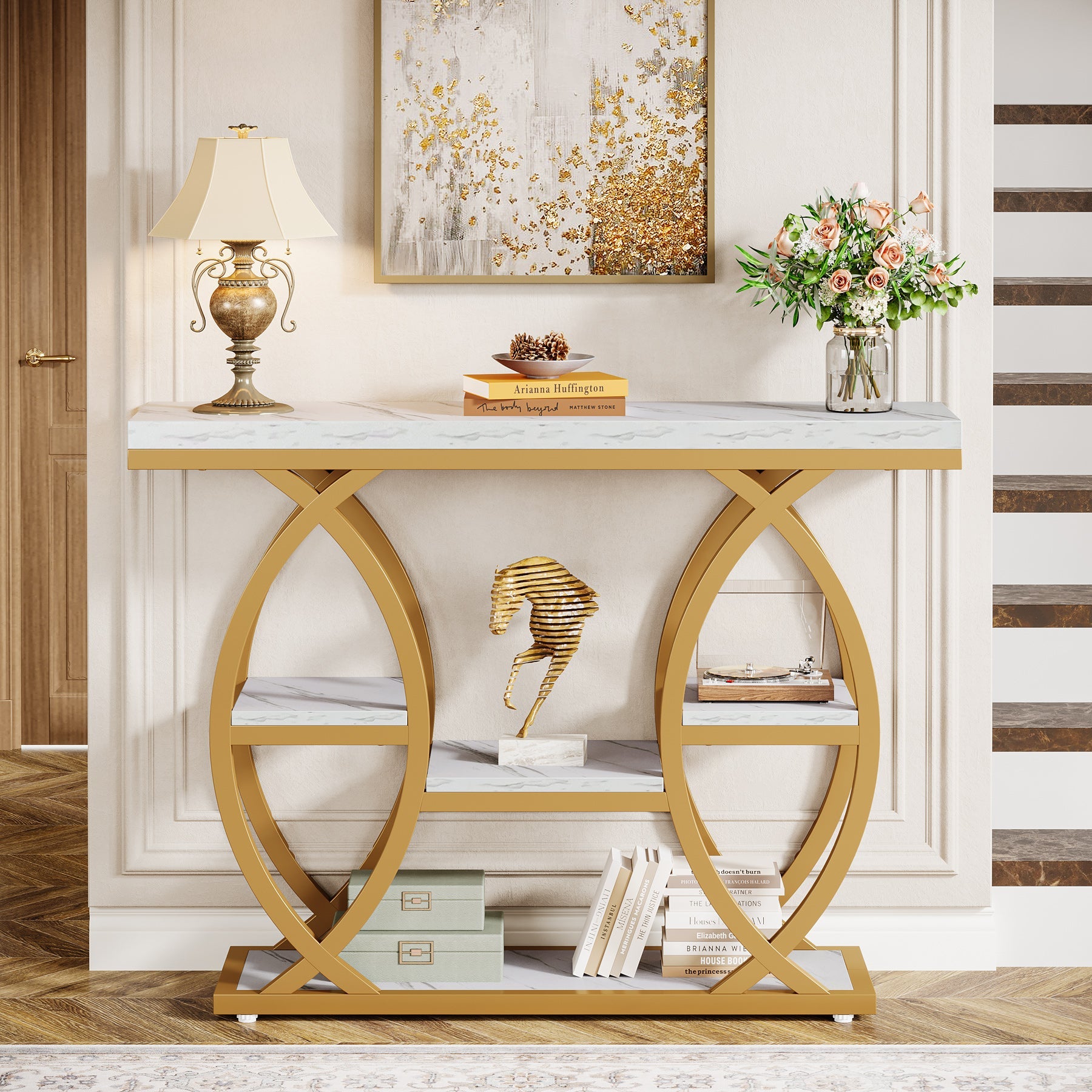 39.4" Console Table, 4-Tier Narrow Sofa Table with Metal Frame & Storage
