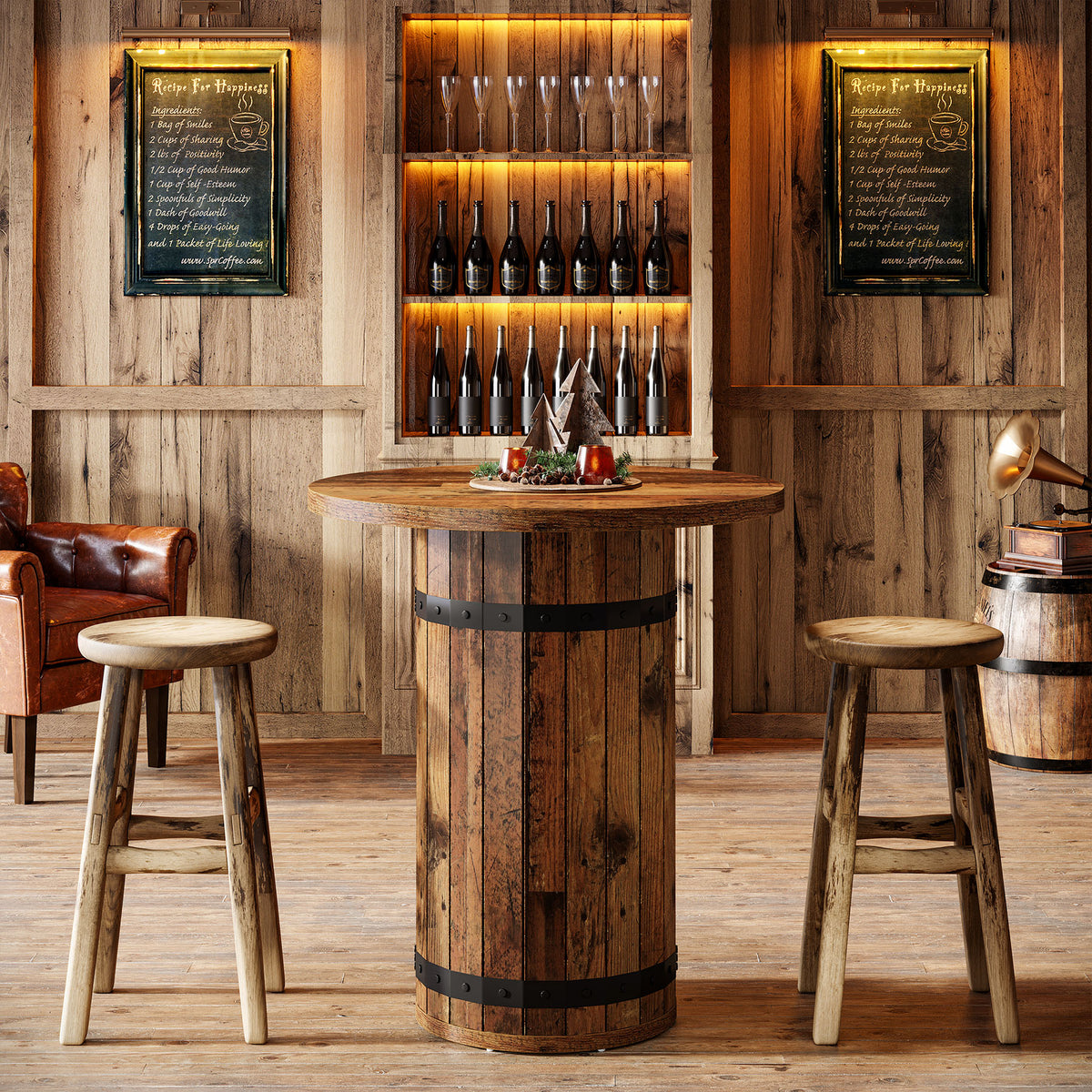 100cm Round Bar Table, Rustic Pub Table with Barrel Base for Kitchen Living Room