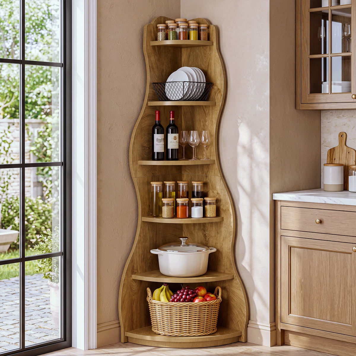 6-Tier Corner Shelf Stand,175cm Tall Bookshelf with Curvy Shape for Living Room