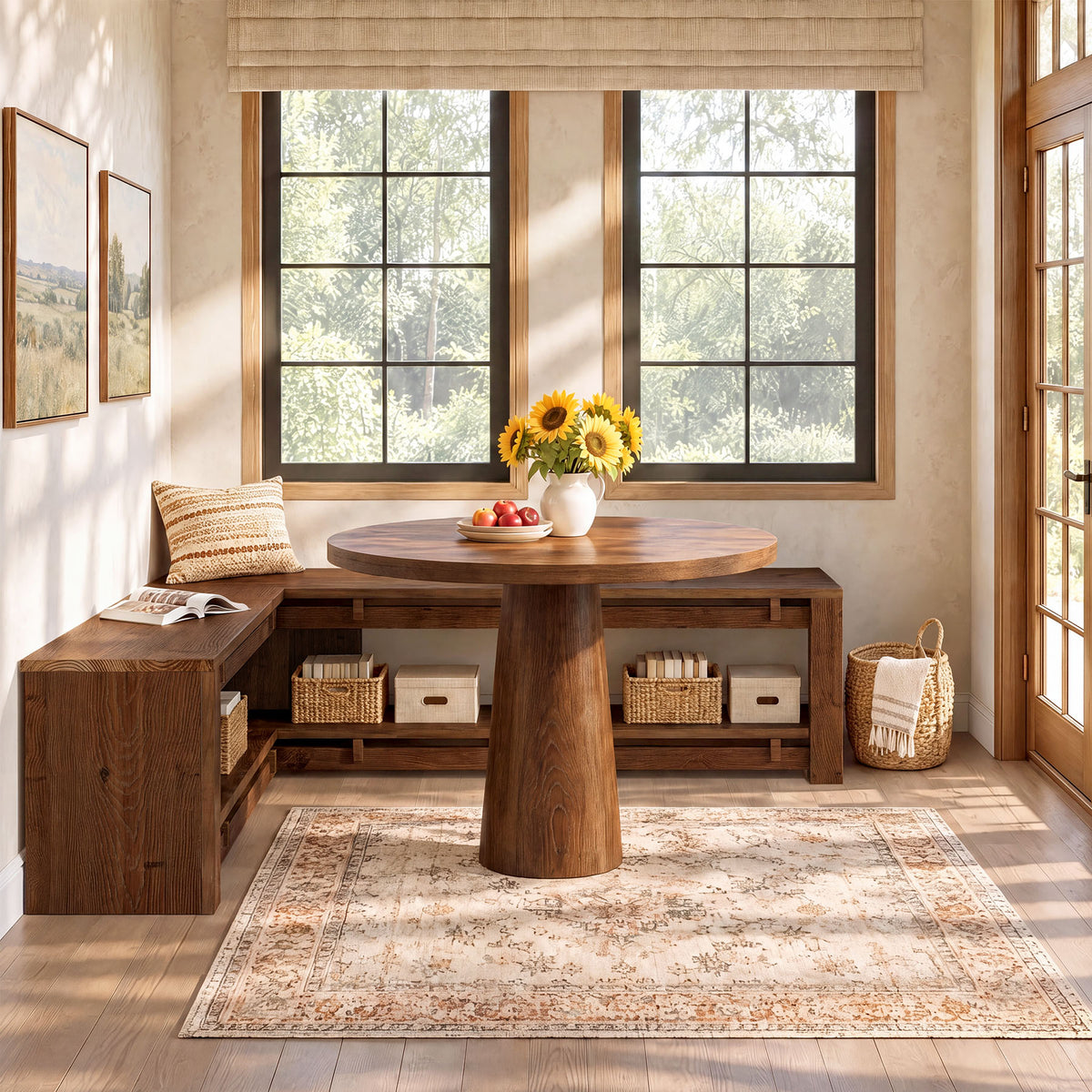 120cm L-Shaped Corner Dining Bench, Rustic Solid Wood with Storage Shelf for Breakfast Nook