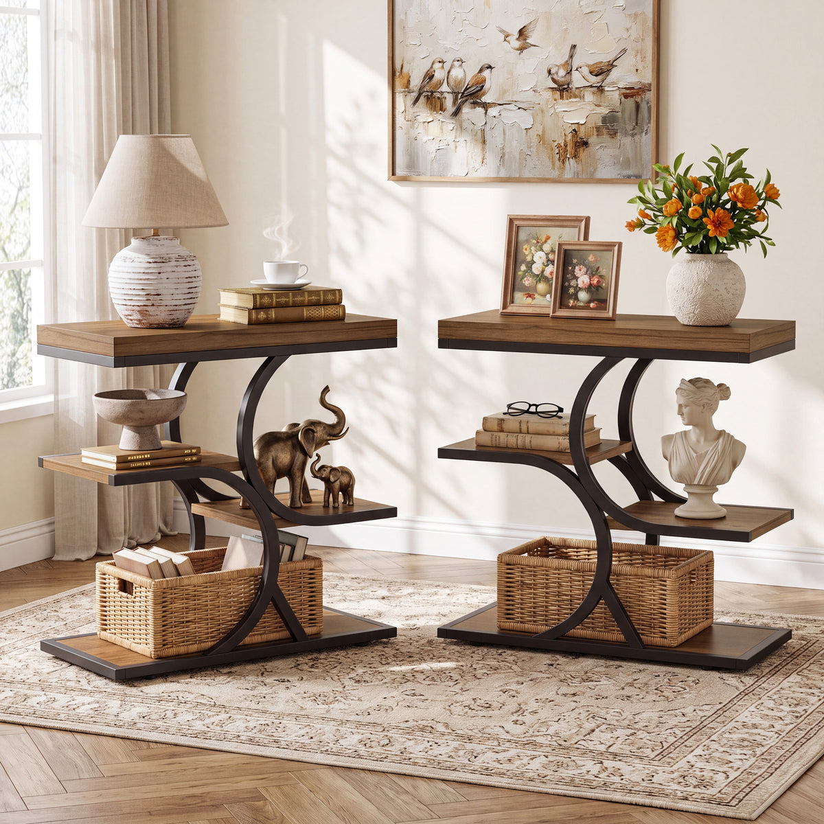 60cm Side Table, 4-Tier Industrial Narrow Open Storage for Living Room Bedroom