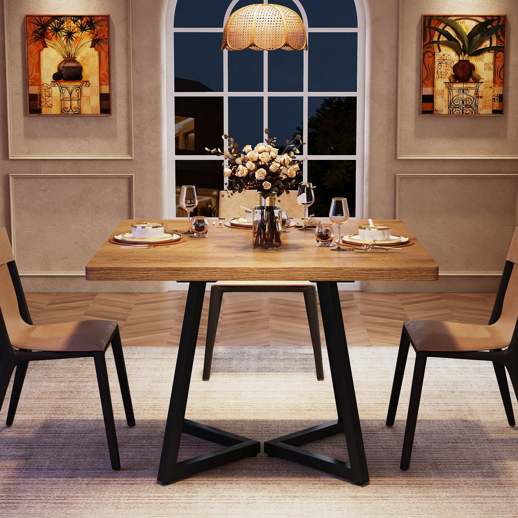 31.5" Square Dining Table, Wood Kitchen Table with Metal Legs for 4