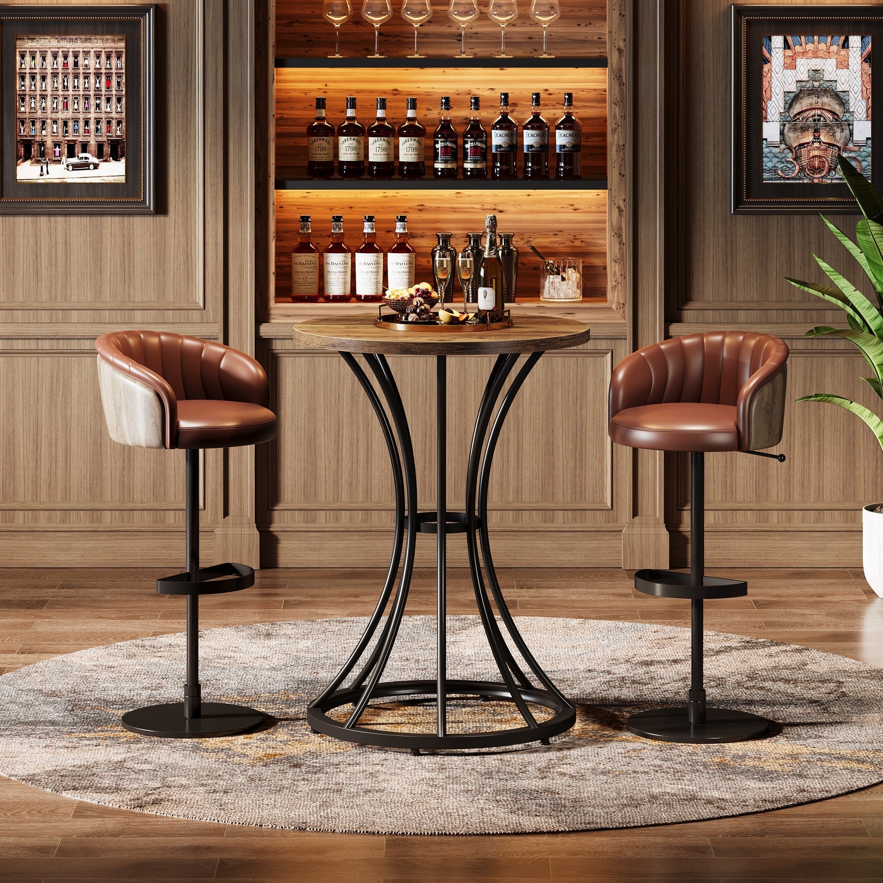 37.4" Round Bar Table for Two, Cocktail Table with Curved Metal Base in Black