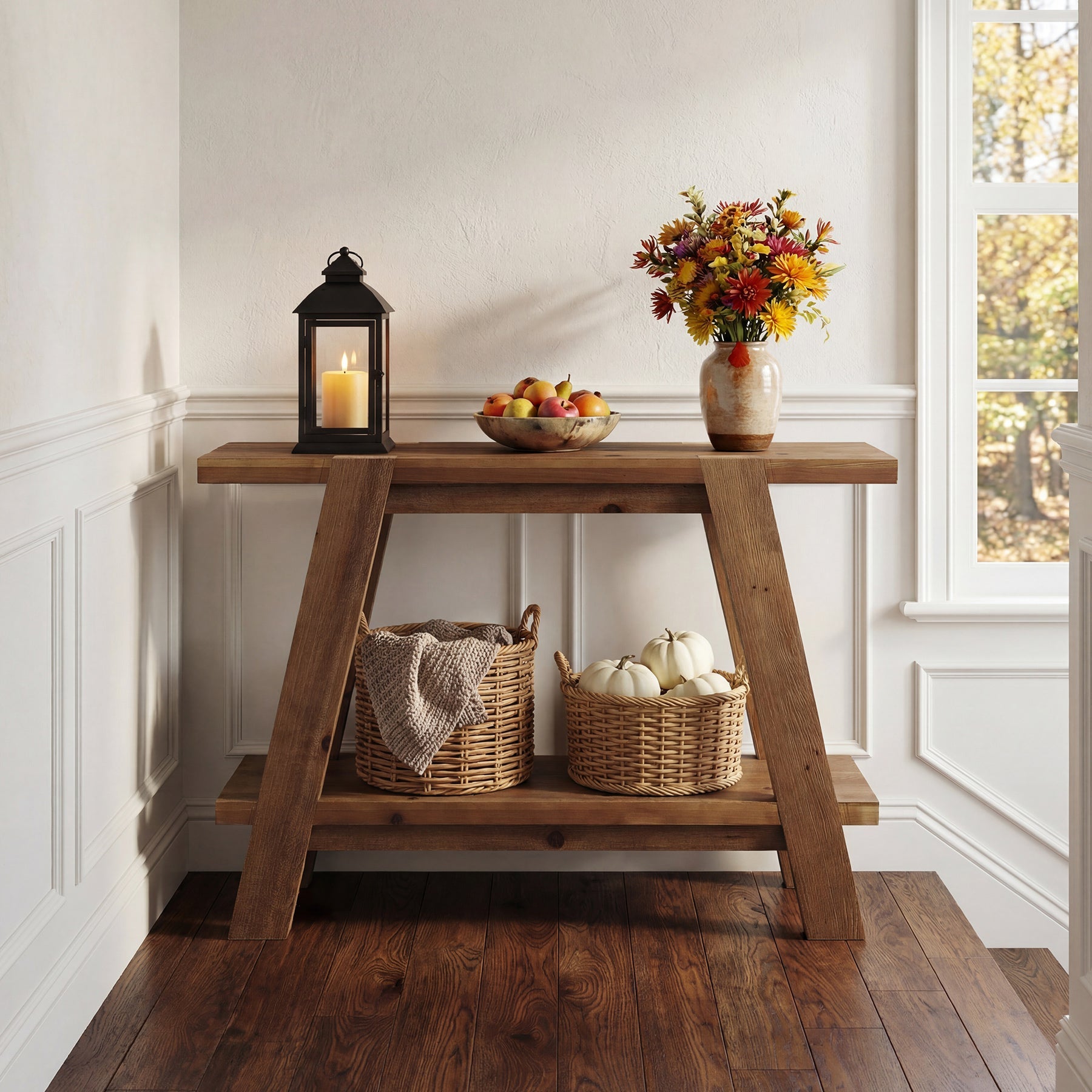 110cm Narrow Console Table, 2-Tier Solid Wood Sofa Entryway Table