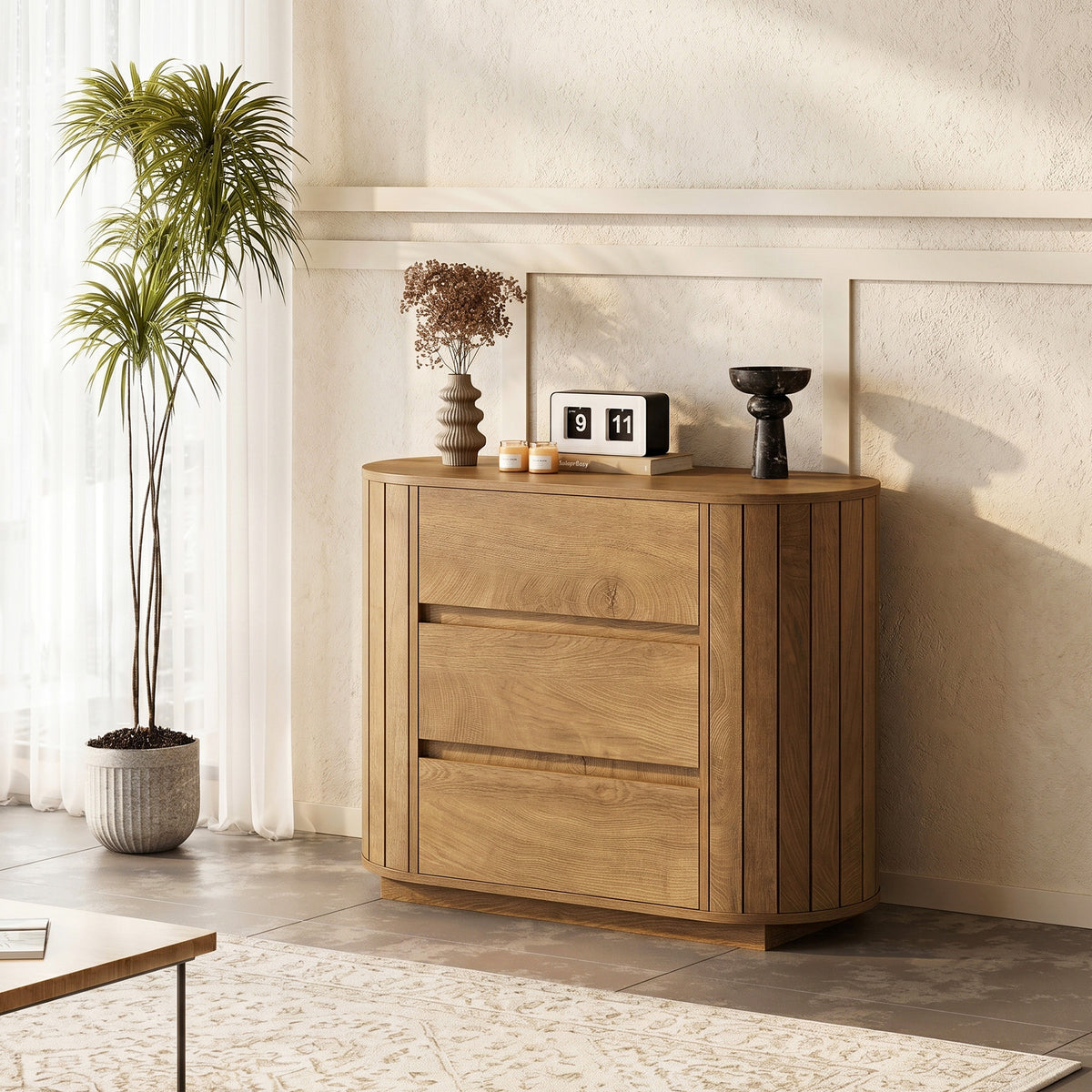 90cm Chest of Drawers, Modern Oak Effect 3-Drawer Cabinet with Slatted Sides