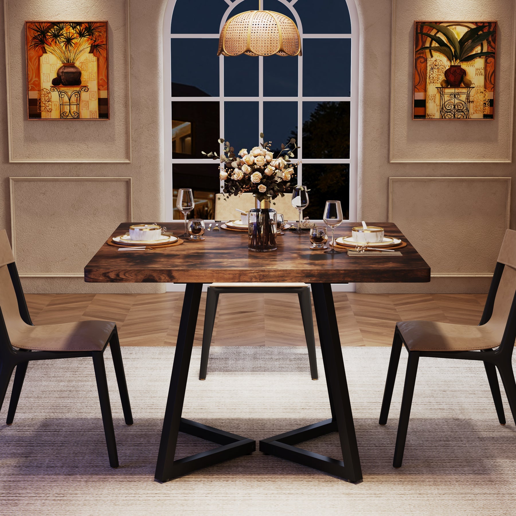 31.5" Square Dining Table, Wood Kitchen Table with Metal Legs for 4