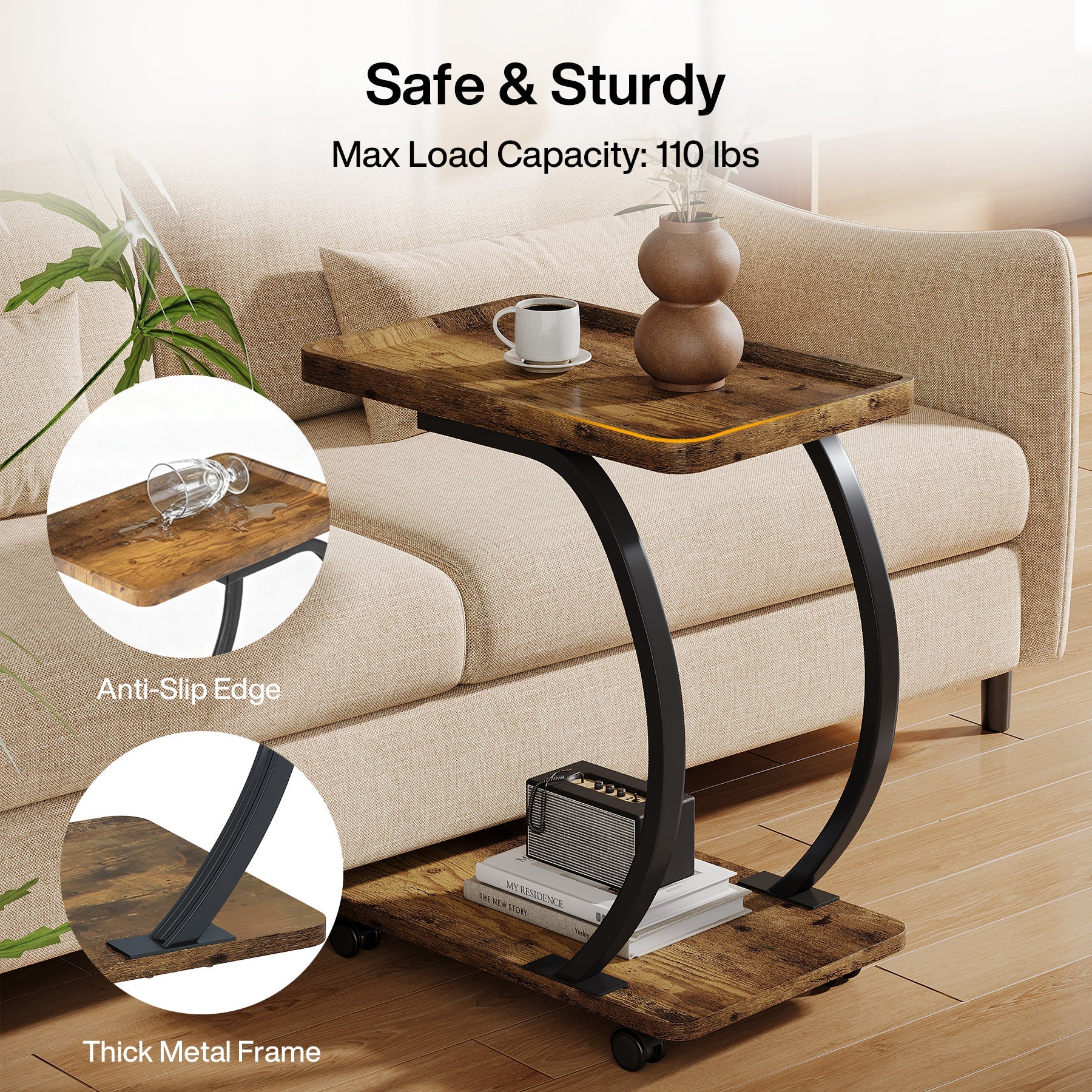C-Shaped End Table, Industrial 2-Tier Side Table with Wheels