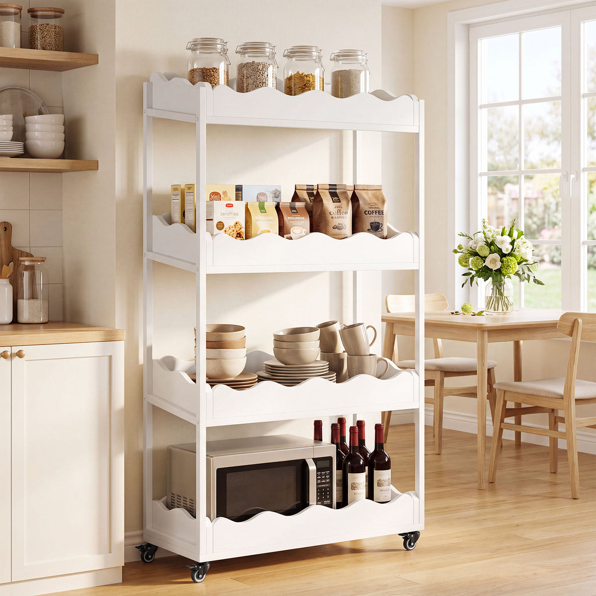 140cm 4-Tier Kitchen Trolley, Fruit & Veg Storage Rack with Wheels for Kitchen