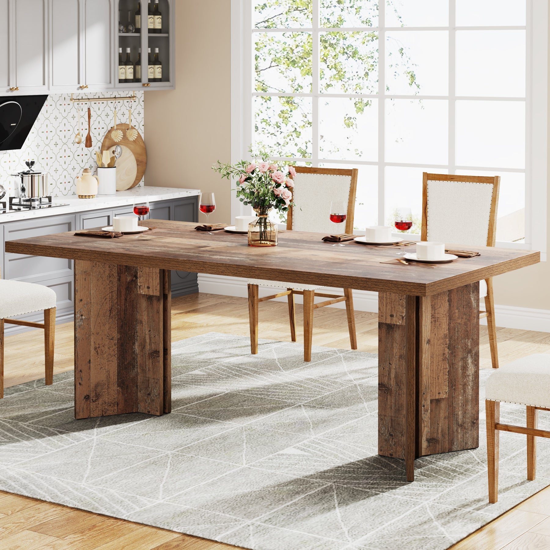 63" Farmhouse Dining Table, Kitchen Table with Large Tabletop for 4-6