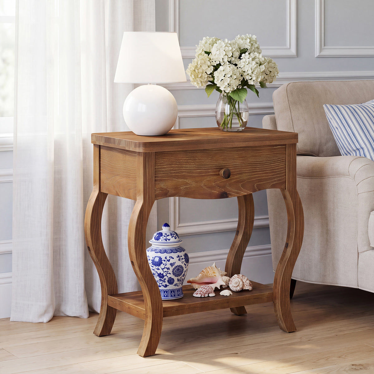61cm End Table, Rustic Solid Wood Tall Side Table with Drawer for Living Room