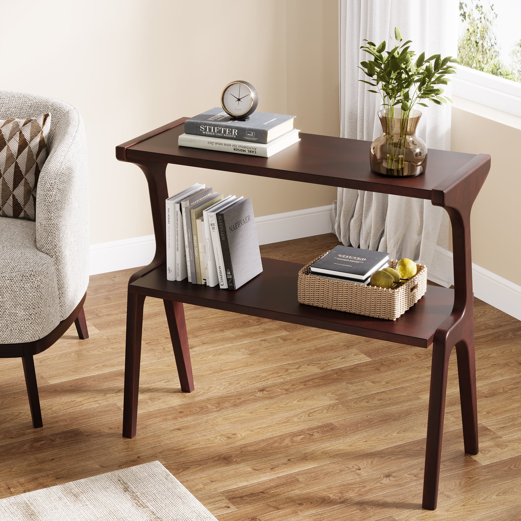 27.5" 2-Tier End Table, Slim Sofa Side Table with Storage Shelf