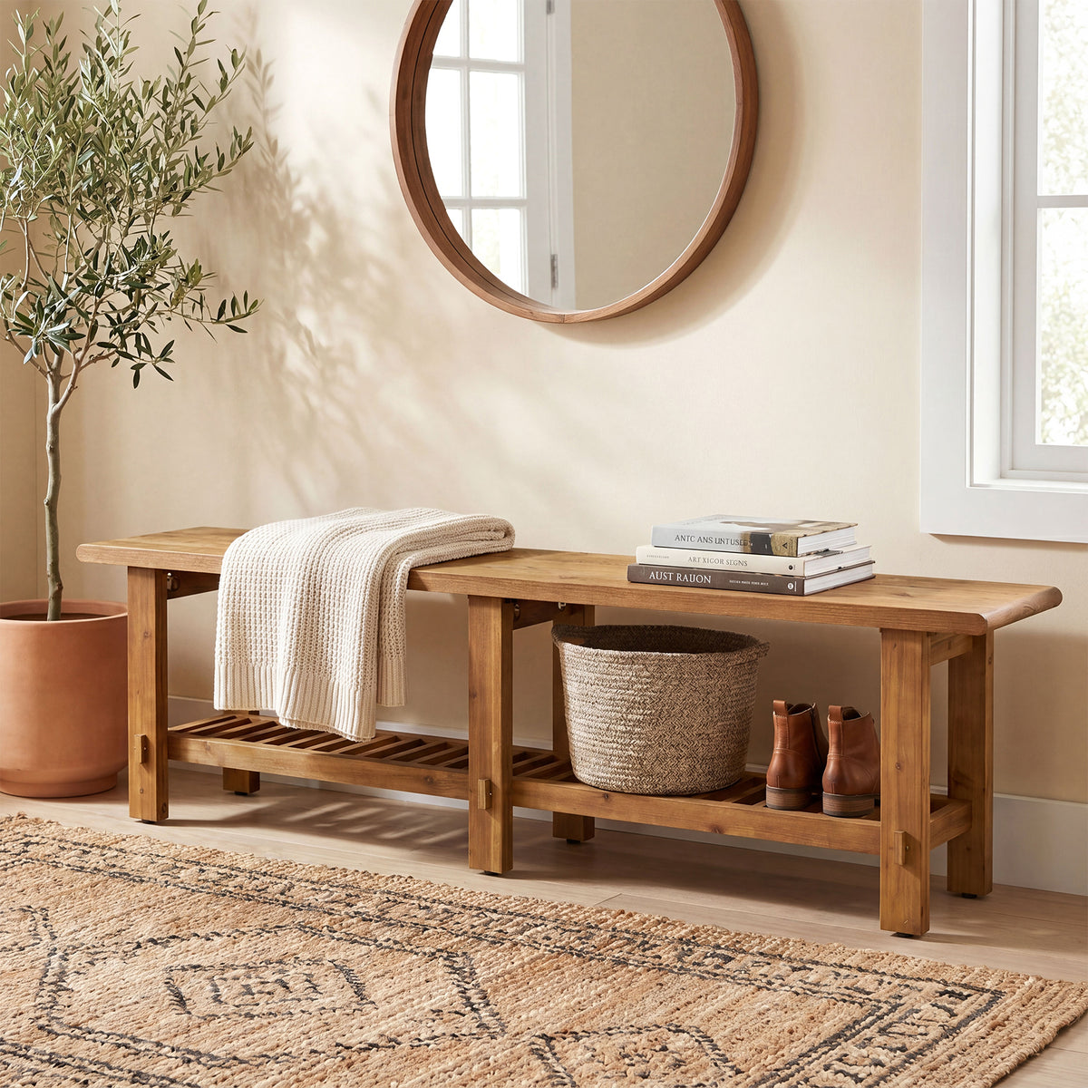 160cm Entryway Bench, Solid Wood Narrow End of Bed Bench with Shoe Storage