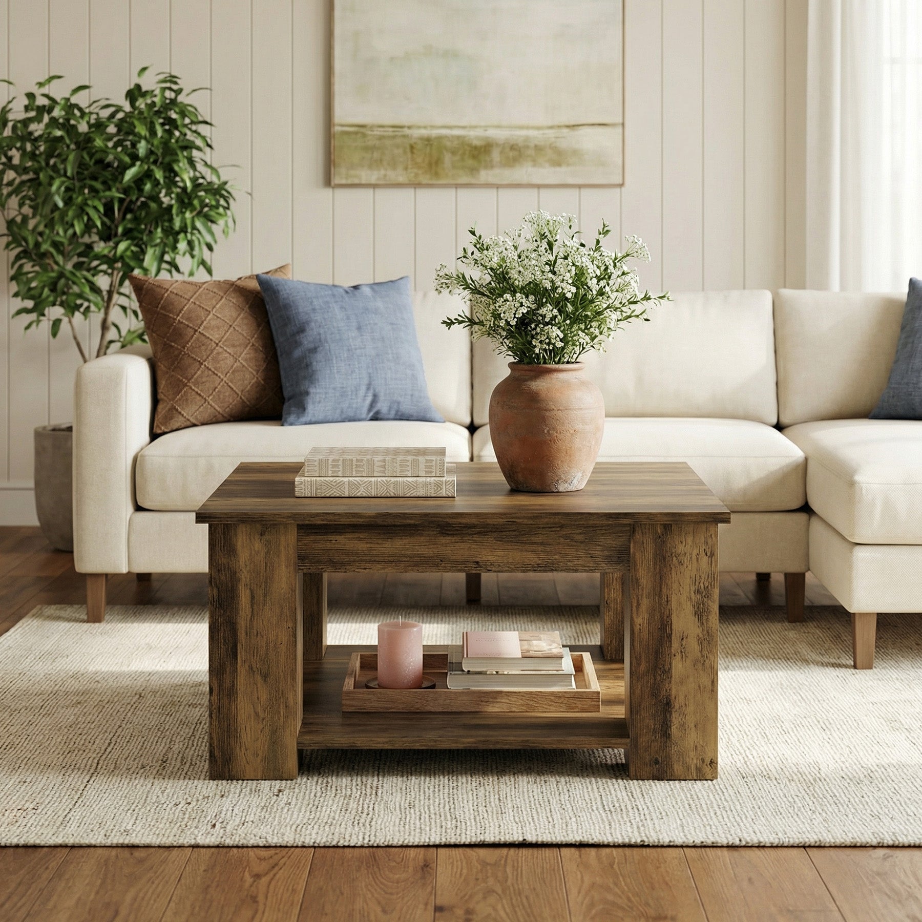 80cm Square Coffee Table, 2-Tier Center Table Cocktail Tea Furniture for Living Room