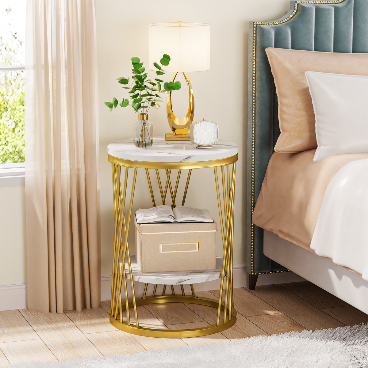 60cm Round End Table, 2-Tier Faux Marble Side Table with Gold Frame