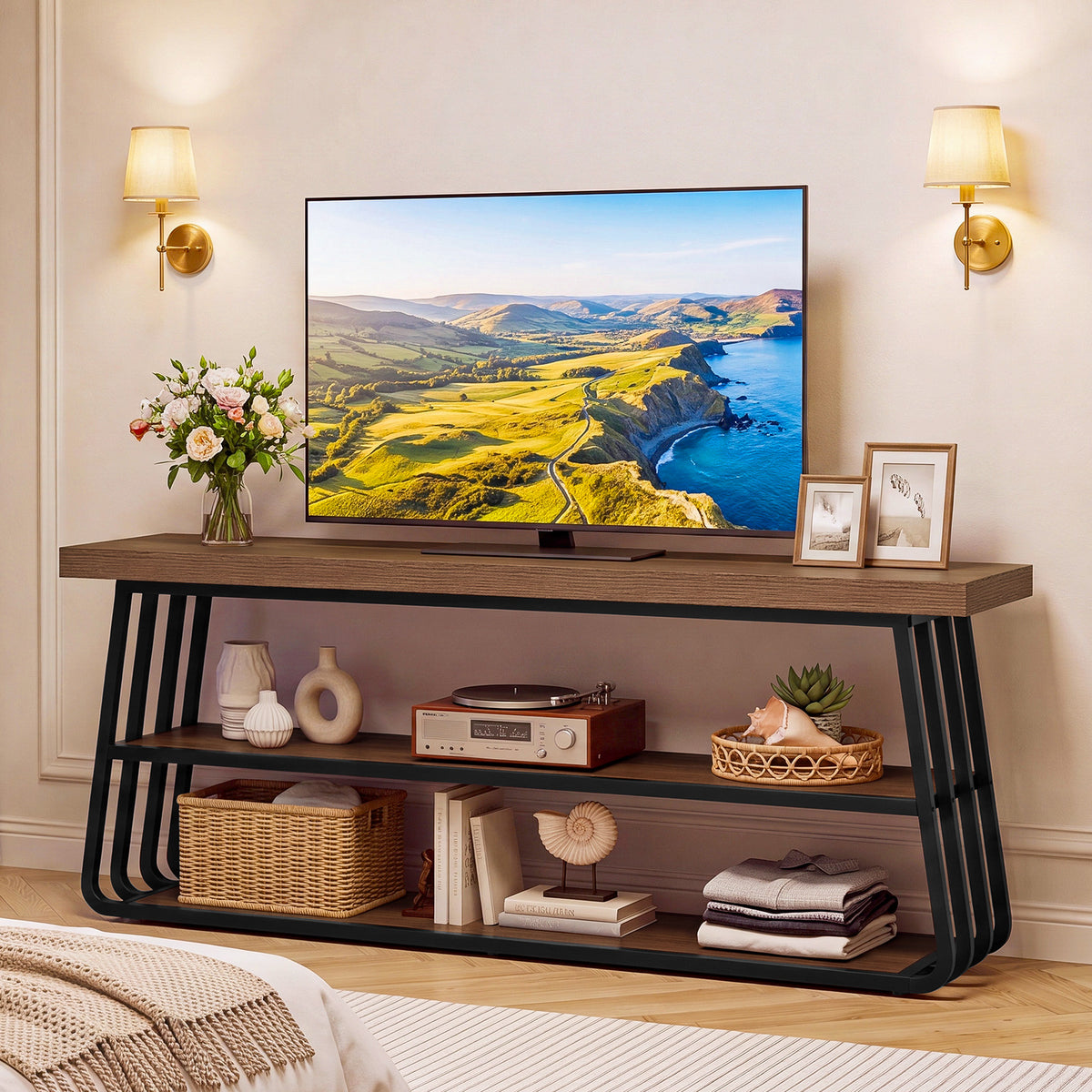 160cm TV Stand, 3-Tier Media Console with Metal Frame for Living Room