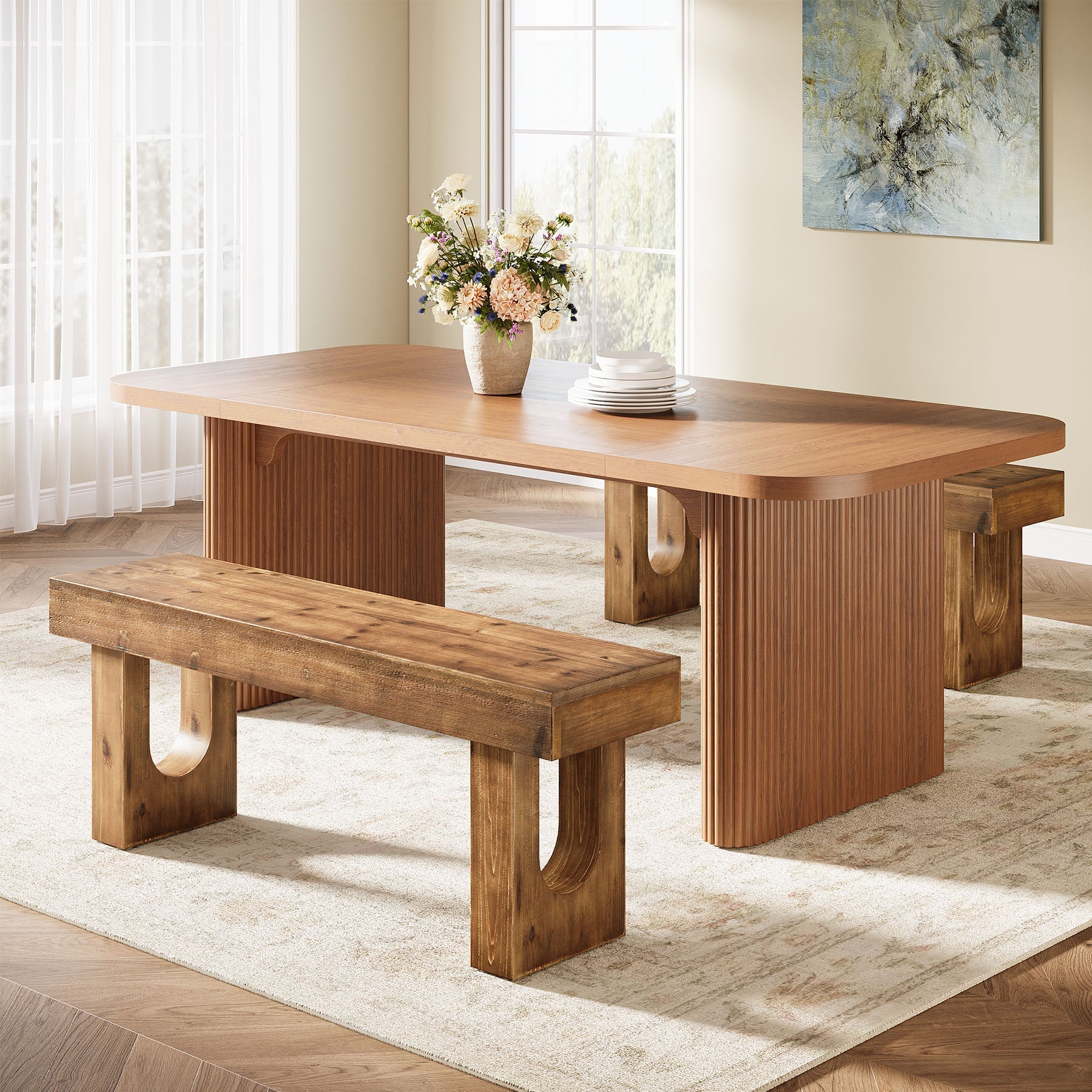 47" Wood Dining Bench, Farmhouse Kitchen Table Bench with Sturdy Legs (Only Bench)