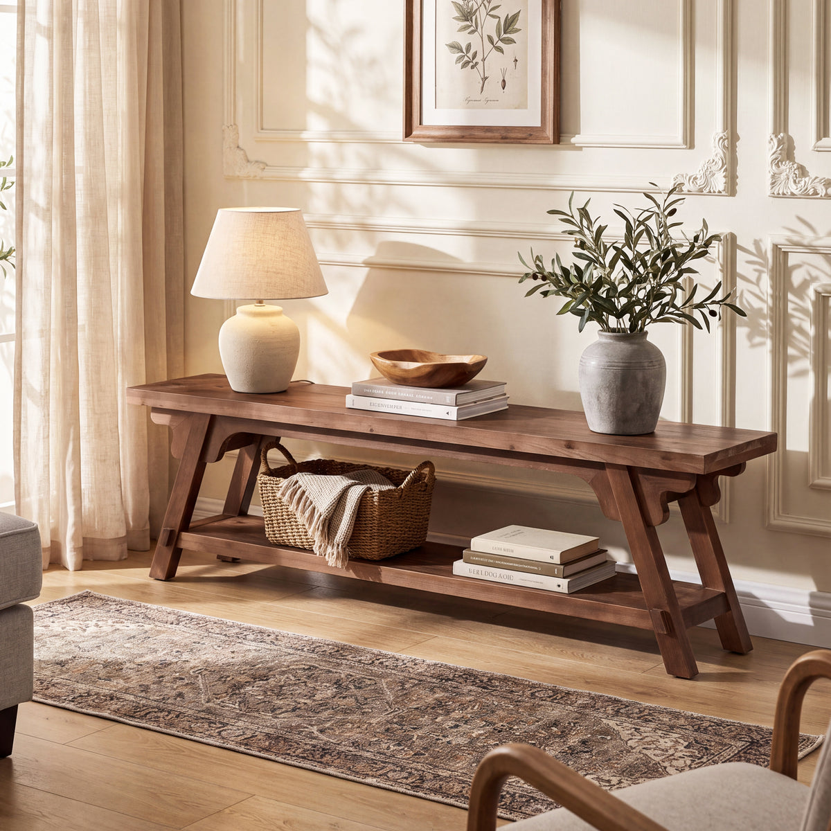 160cm Entryway Bench, Solid Wood 2-Tier End of Bed Bench