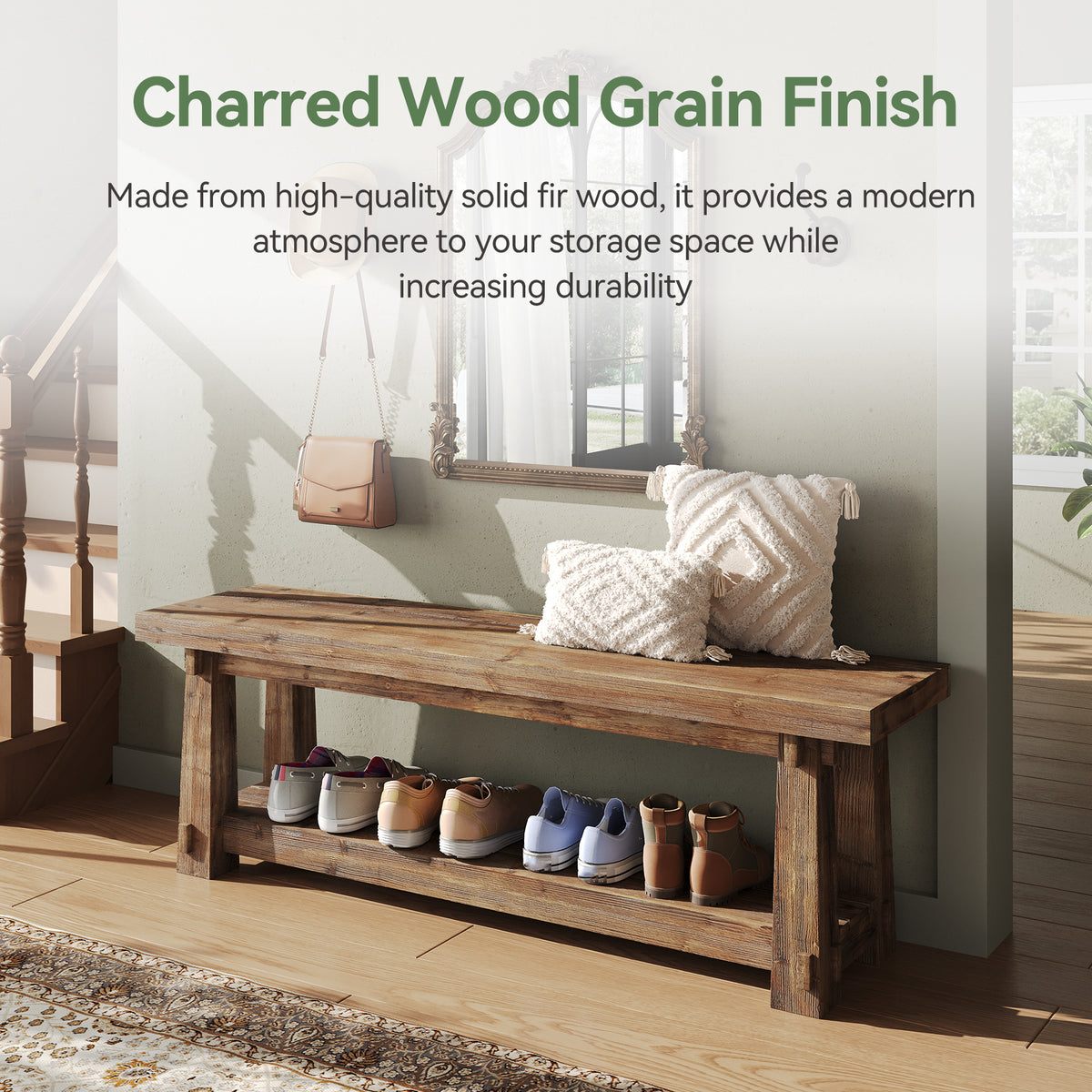 140cm Shoe Bench, Solid Wood Entryway Bench with Storage Rack