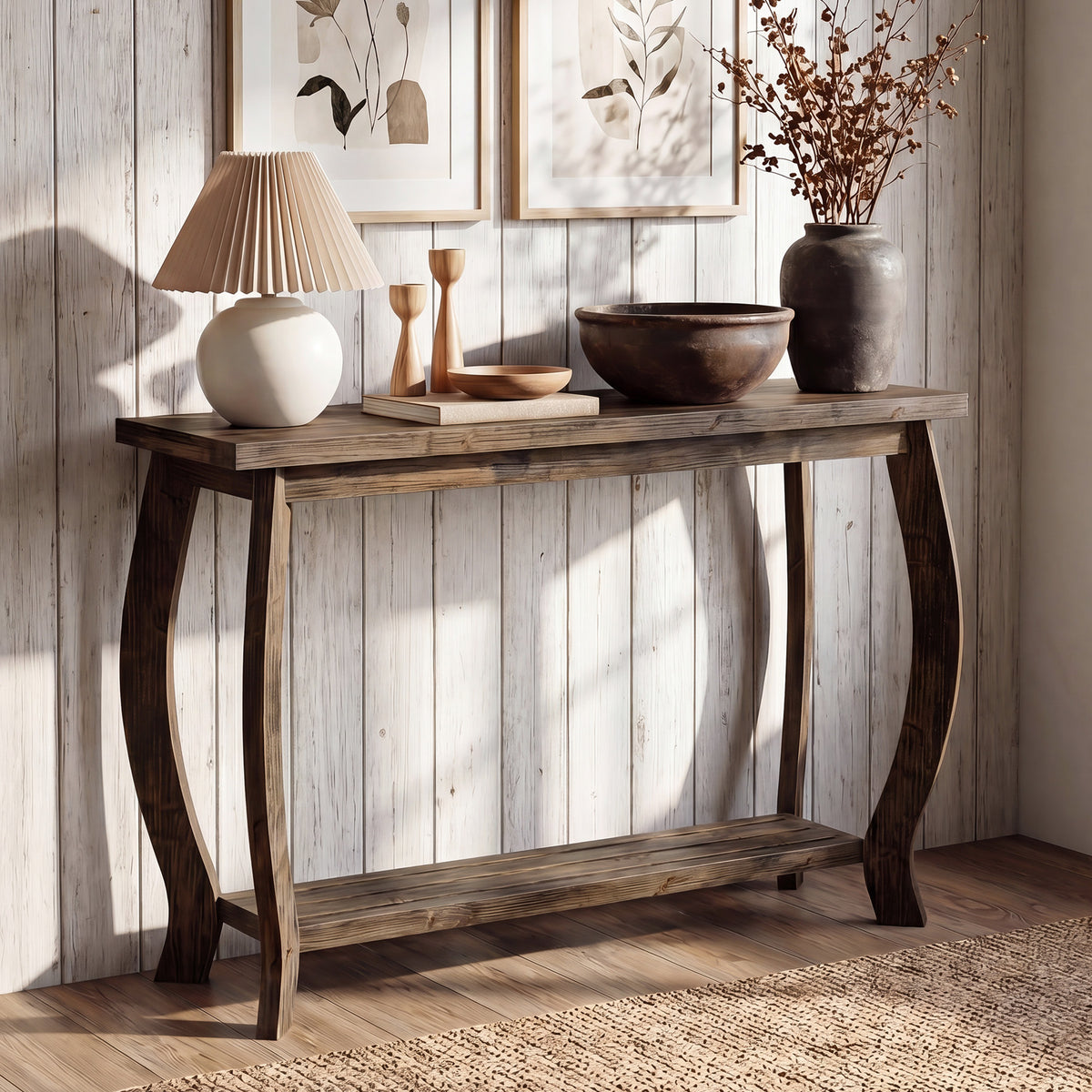 105cm Console Table, Solid Wood Farmhouse Entryway Table with Curved Legs & Shelf