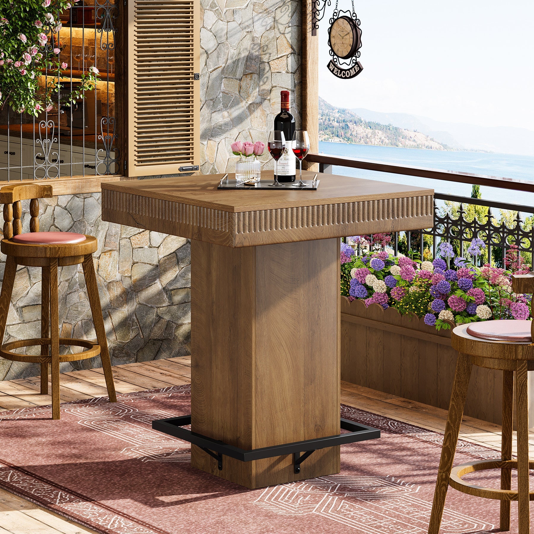 31.5" Square Bar Table, Industrial Bistro Pub Table with Metal Footrest