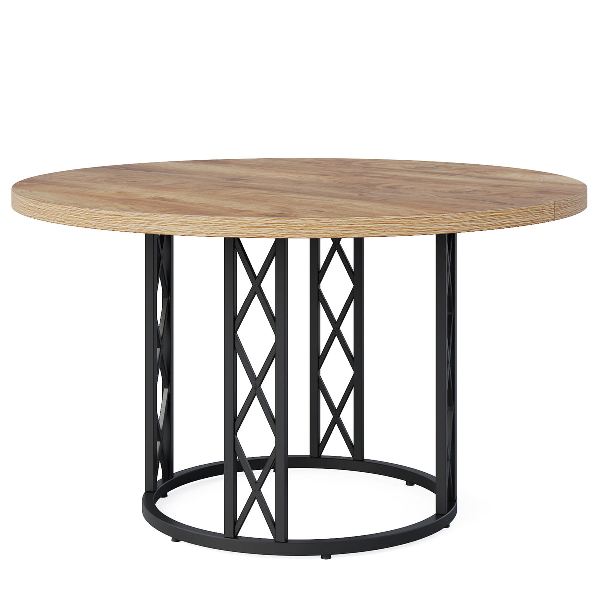 120cm Round Dining Table, 4-Seater Wood & Metal Kitchen Table