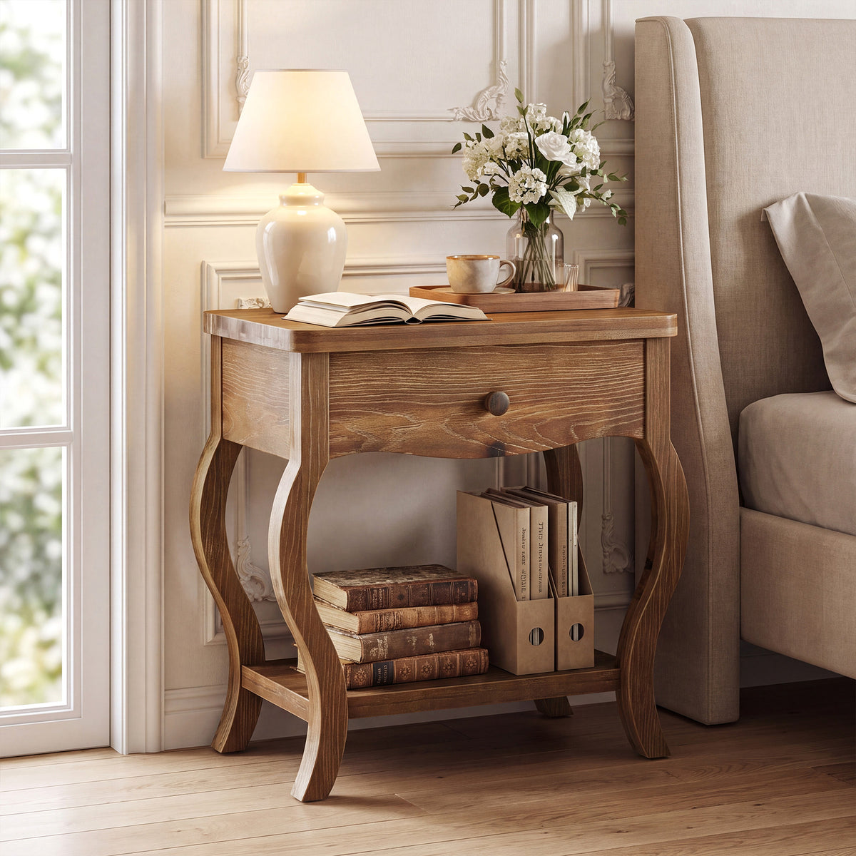 61cm Nightstand, Rustic Solid Wood Bedside Table with Drawer & Shelf