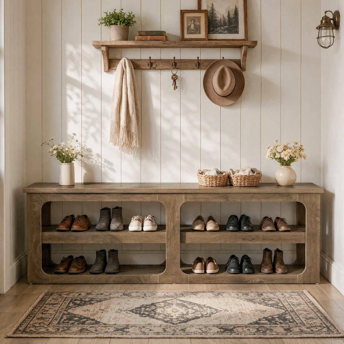180cm Entryway Shoe Bench, 3-Tier Farmhouse Storage Bench for Hallway